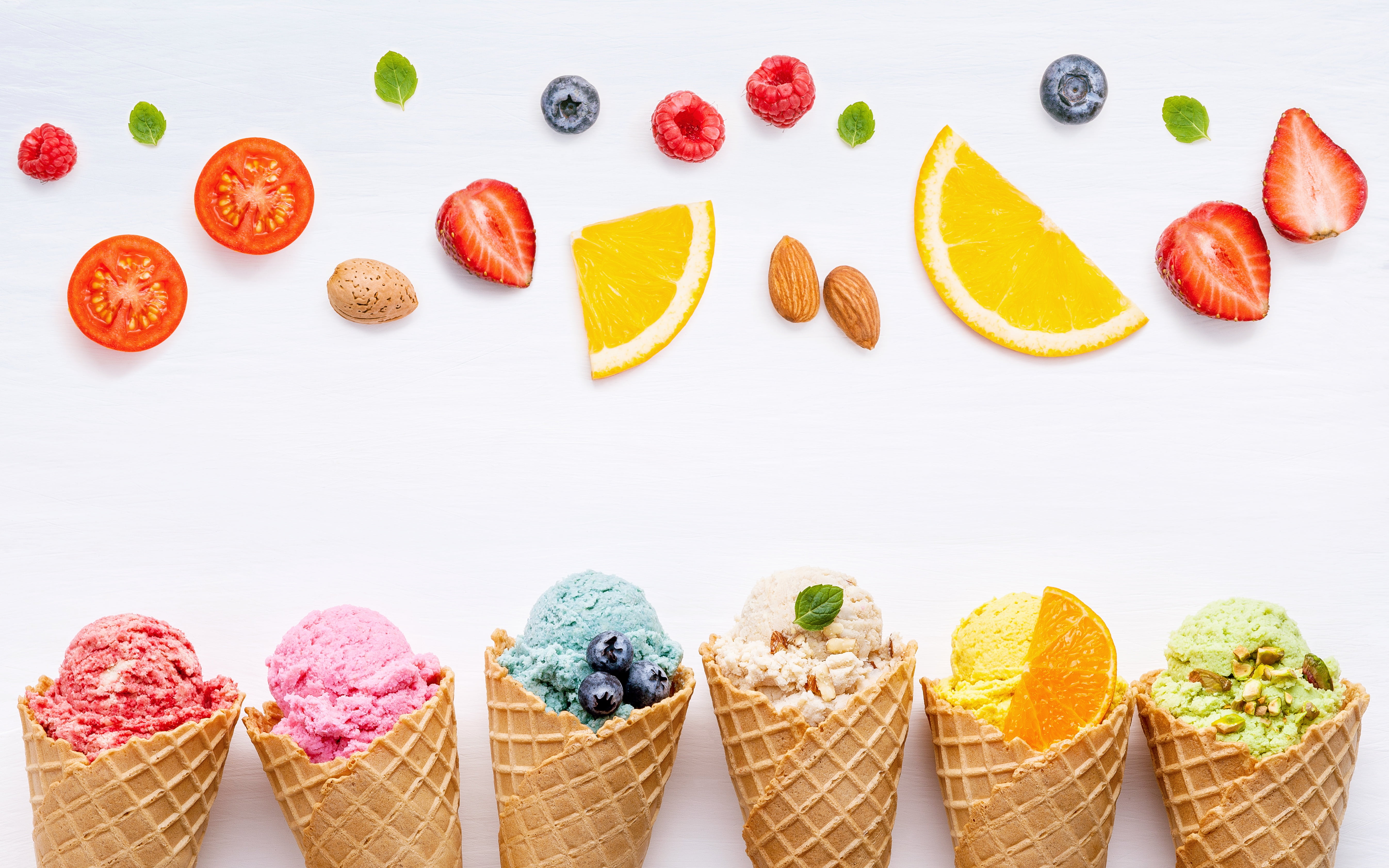 cone, colorful, fruit, horn, 5K, ice cream, berries, HD Wallpaper