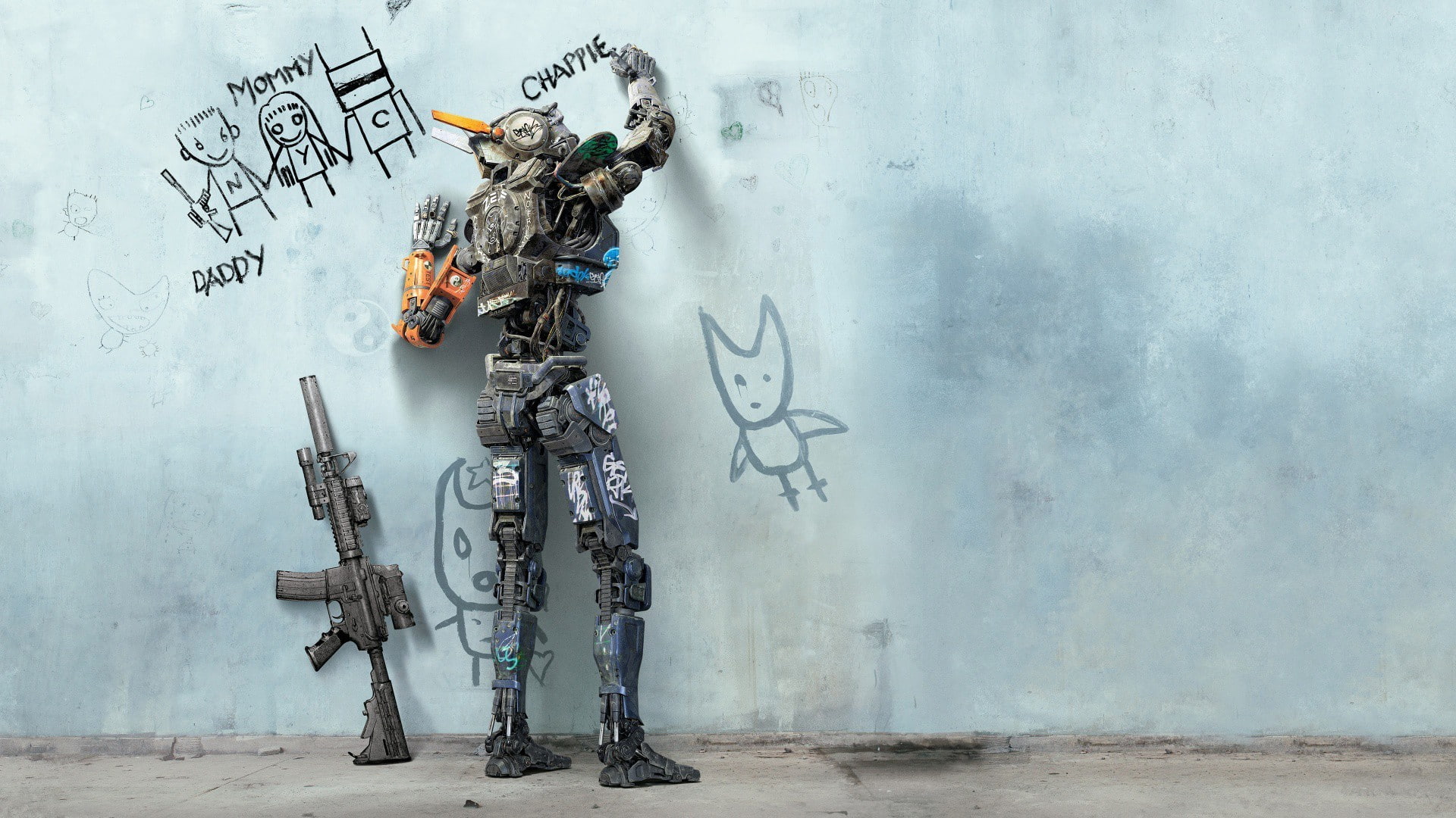 1080P, robot, machine gun, Elcan Spectre, Chappie, wall, drawing, movie poster, writing, M4A1, movies, digital art, HD Wallpaper