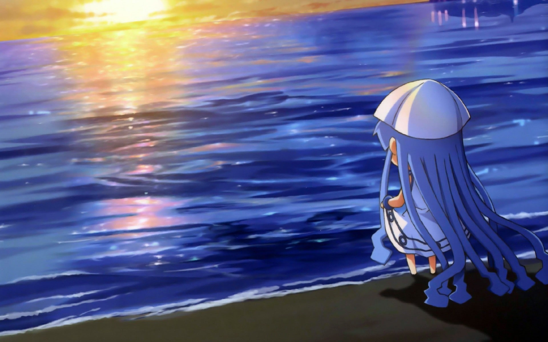 Ika Musume, sea, motion, blue, illuminated, day, anime, sunset, beauty in nature, high angle view, sunlight, waterfront, industry, reflection, nature, rippled, HD Wallpaper