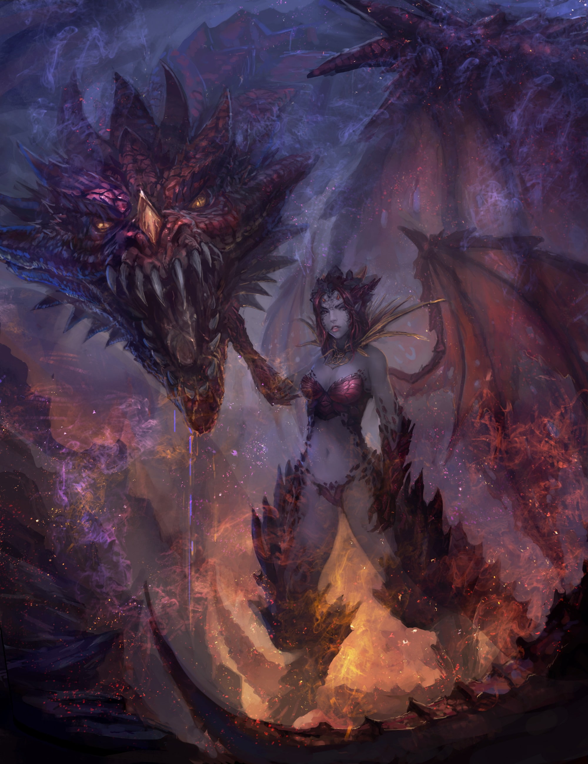 standing, female, dragon, art, character, 2K, fantasy, fantasy art, monster, d, Phone HD Wallpaper