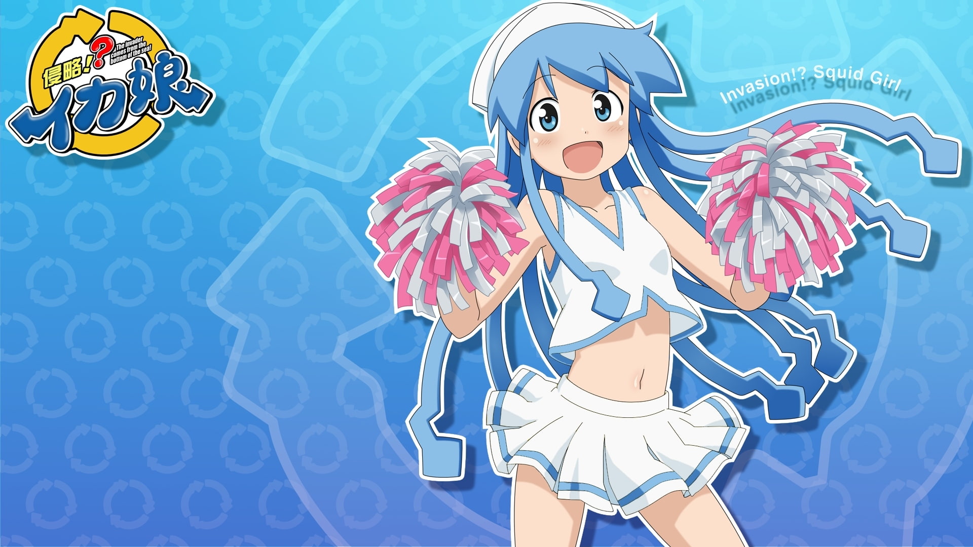squid girl, front view, fashion, blue hair, young women, young adult, emotion, 1080P, beautiful woman, adult, females, one person, holding, Anime, ika musume, HD Wallpaper