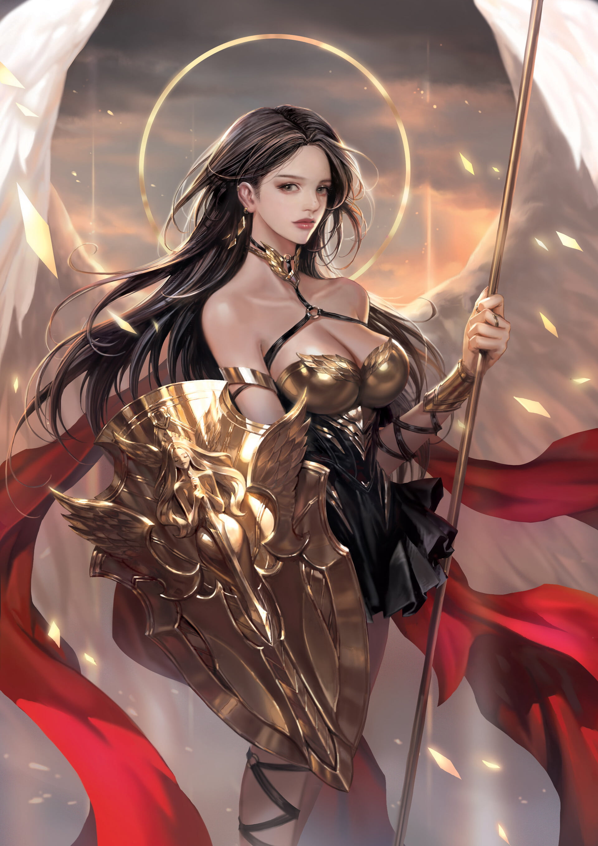 gold, long hair, shield, armor, brunette, drawing, women, Nessi, wings, wind, 2K, angel, sparks, Phone HD Wallpaper