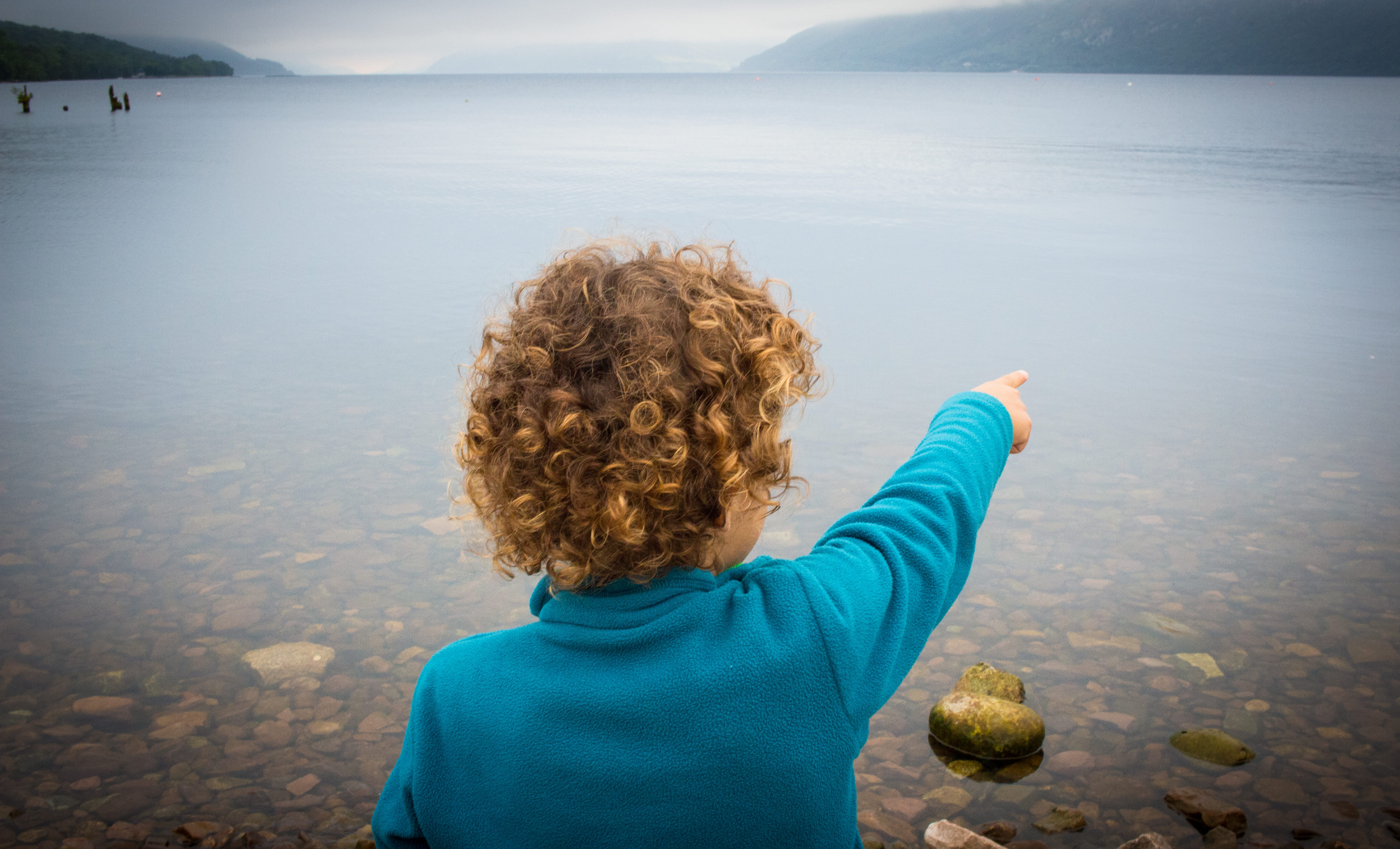 jumperblue, 5K, nessie, boy, child, mist, mountain, pointing, tranquility, leisure activity, adult, sea, tranquil scene, coast, day, hair, scenics - nature, HD Wallpaper