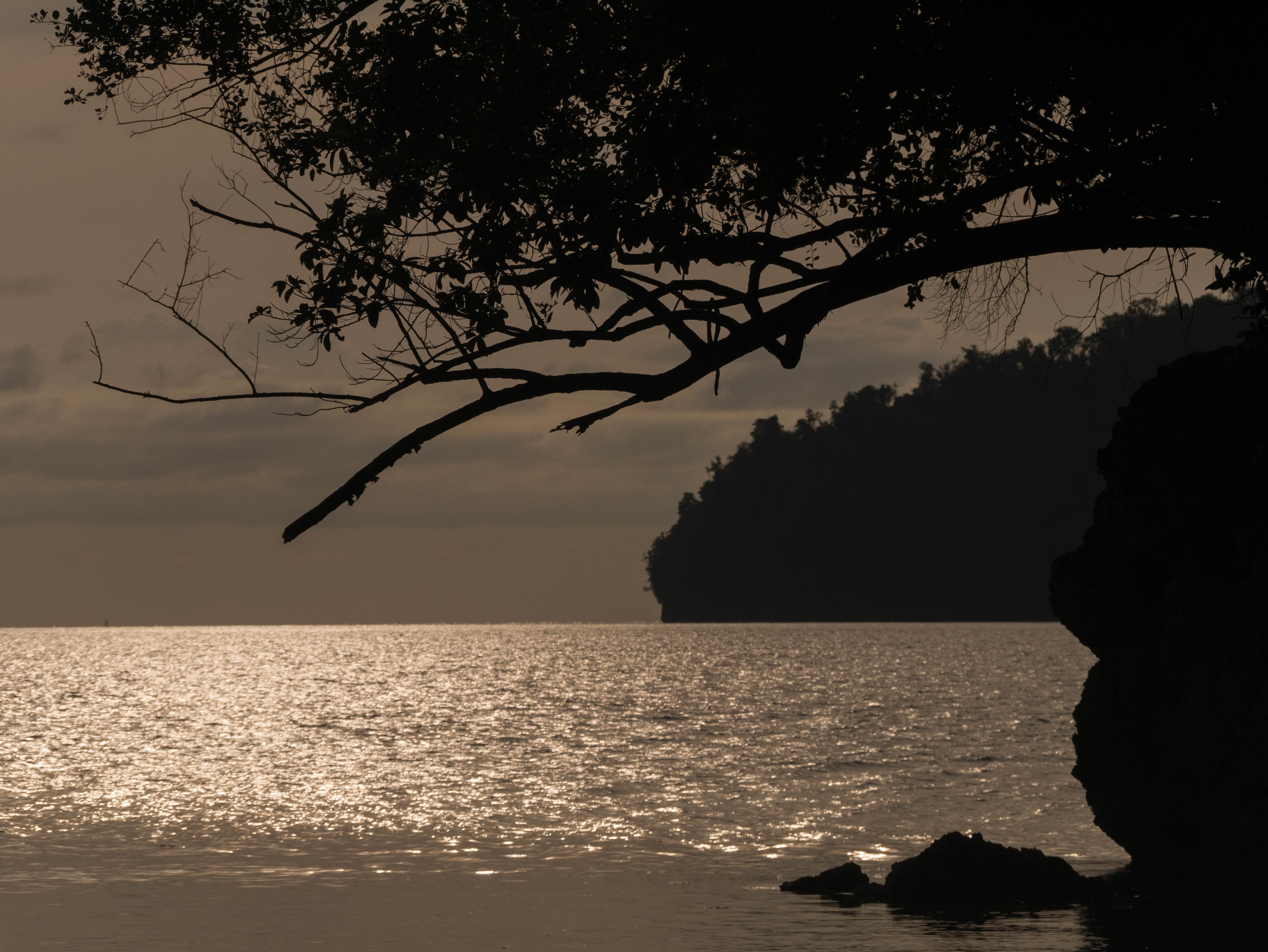 water, sea, rock, land, indonesia, tranquility, rock - object, sulawesi, night sea, 4K, togean, outdoors, no people, silhouette, sky, island, tranquil scene, HD Wallpaper