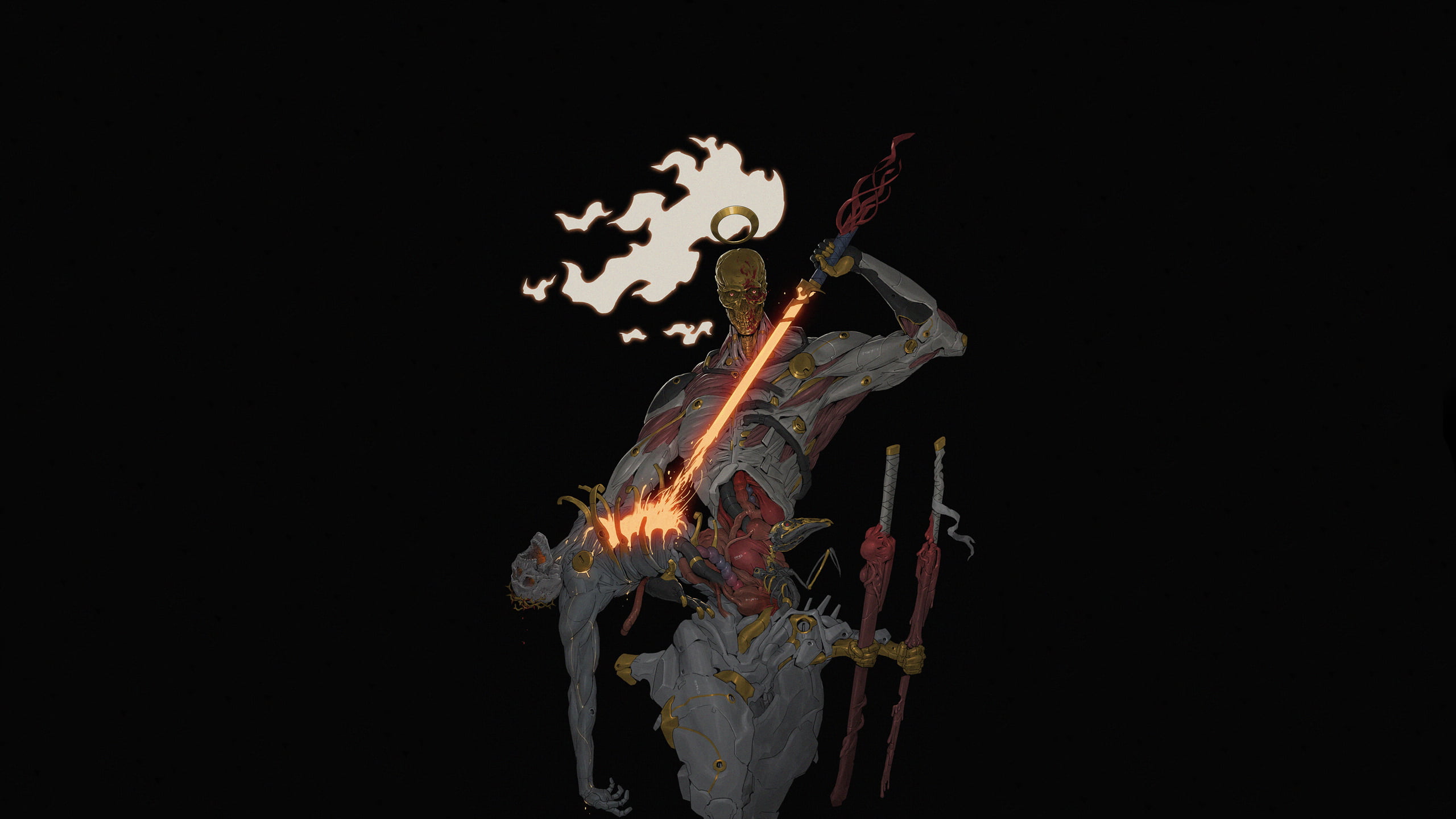 skull, 2K, intestines, digital art, artwork, fire, sword, muscles, corpse, katana, HD Wallpaper