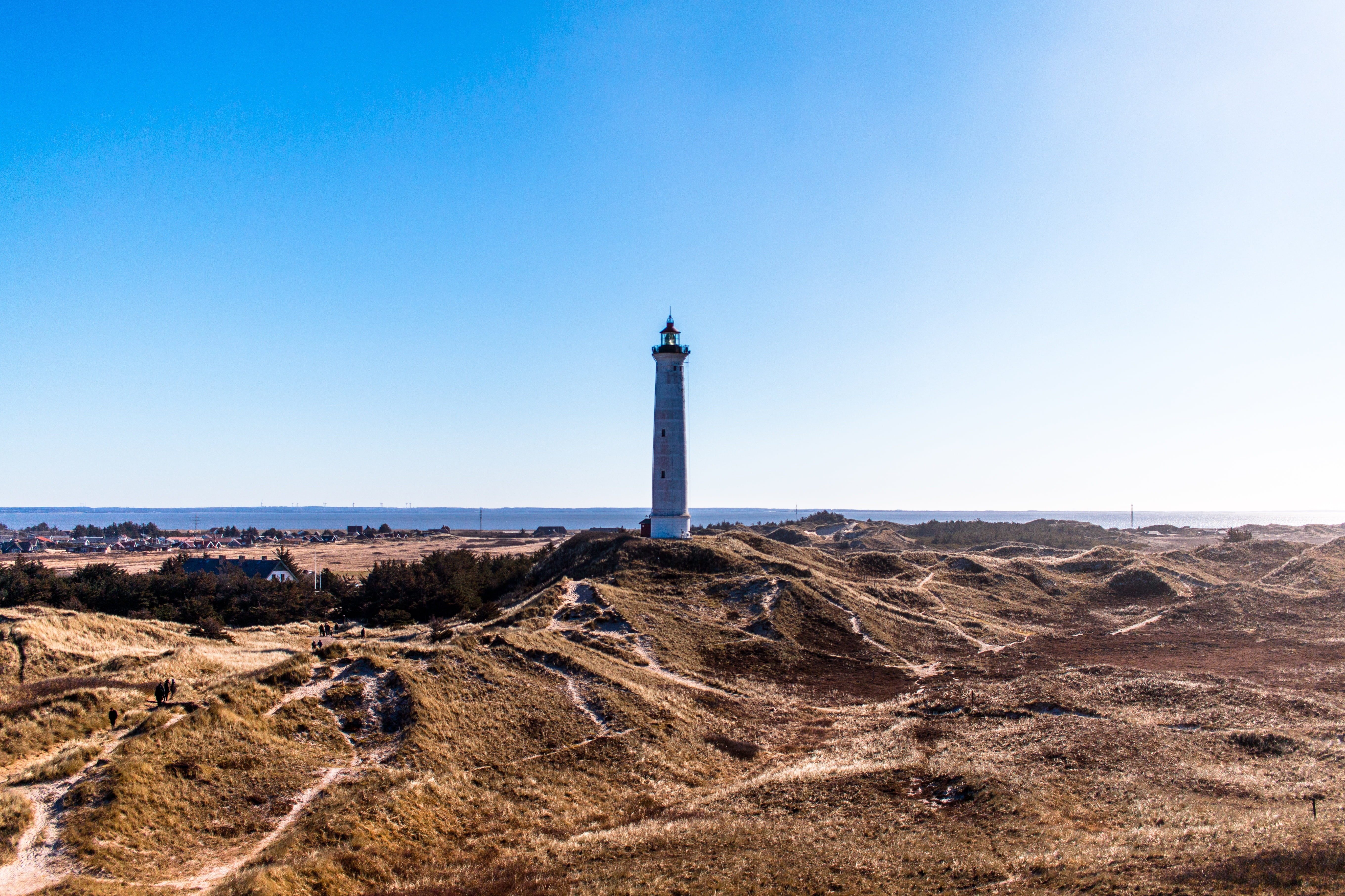 water, outdoors, nature, 5K, landscape, sea, clear sky, danish west coast, horizon, travel destinations, denmark, blue sky, architecture, travel, lyngvig fyr, HD Wallpaper