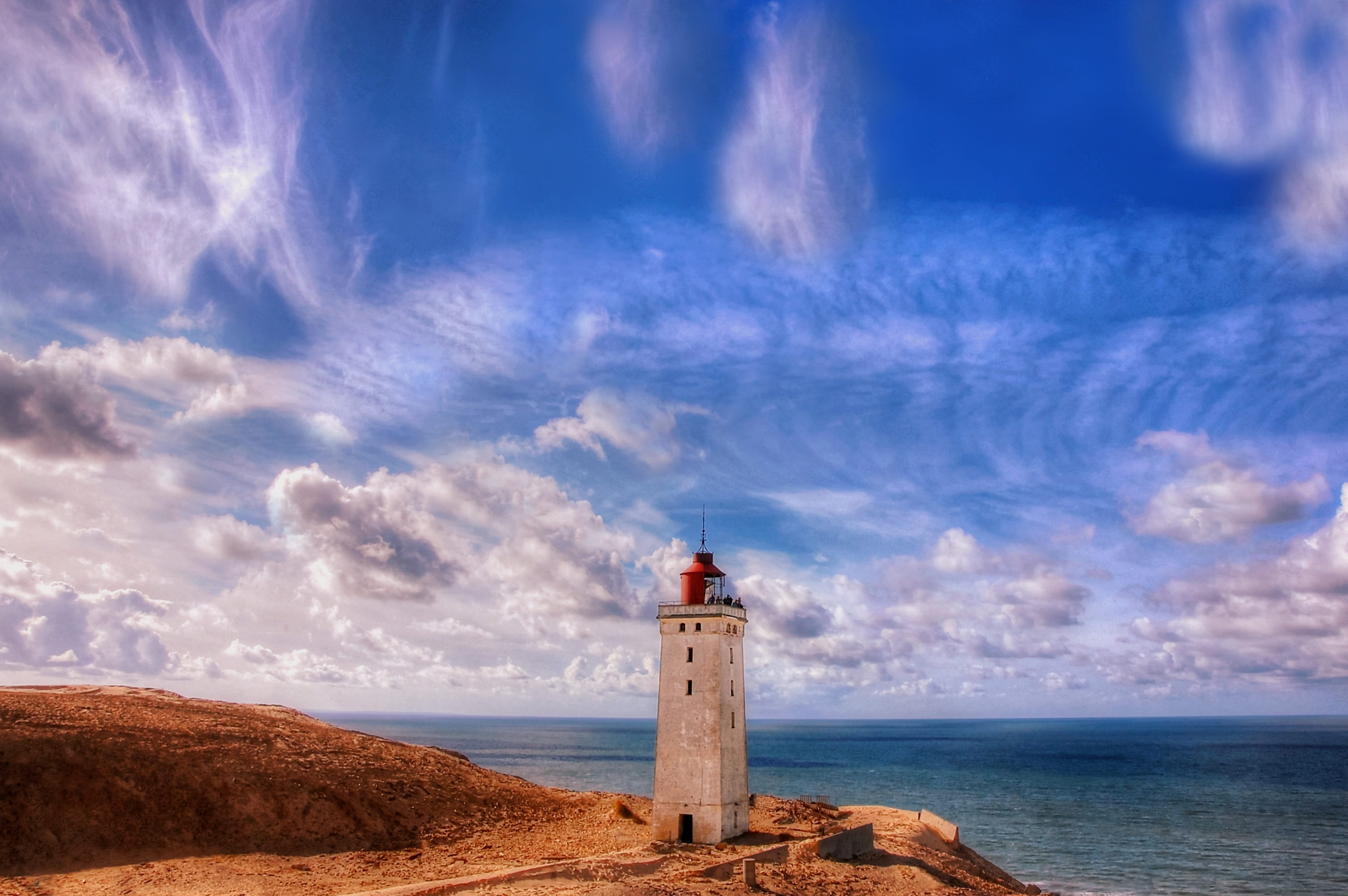 landscape, direction, 2K, built structure, denmark, mood, atmosphere, lighthouse, beach, no people, horizon over water, tower, north sea, security, building exterior, HD Wallpaper