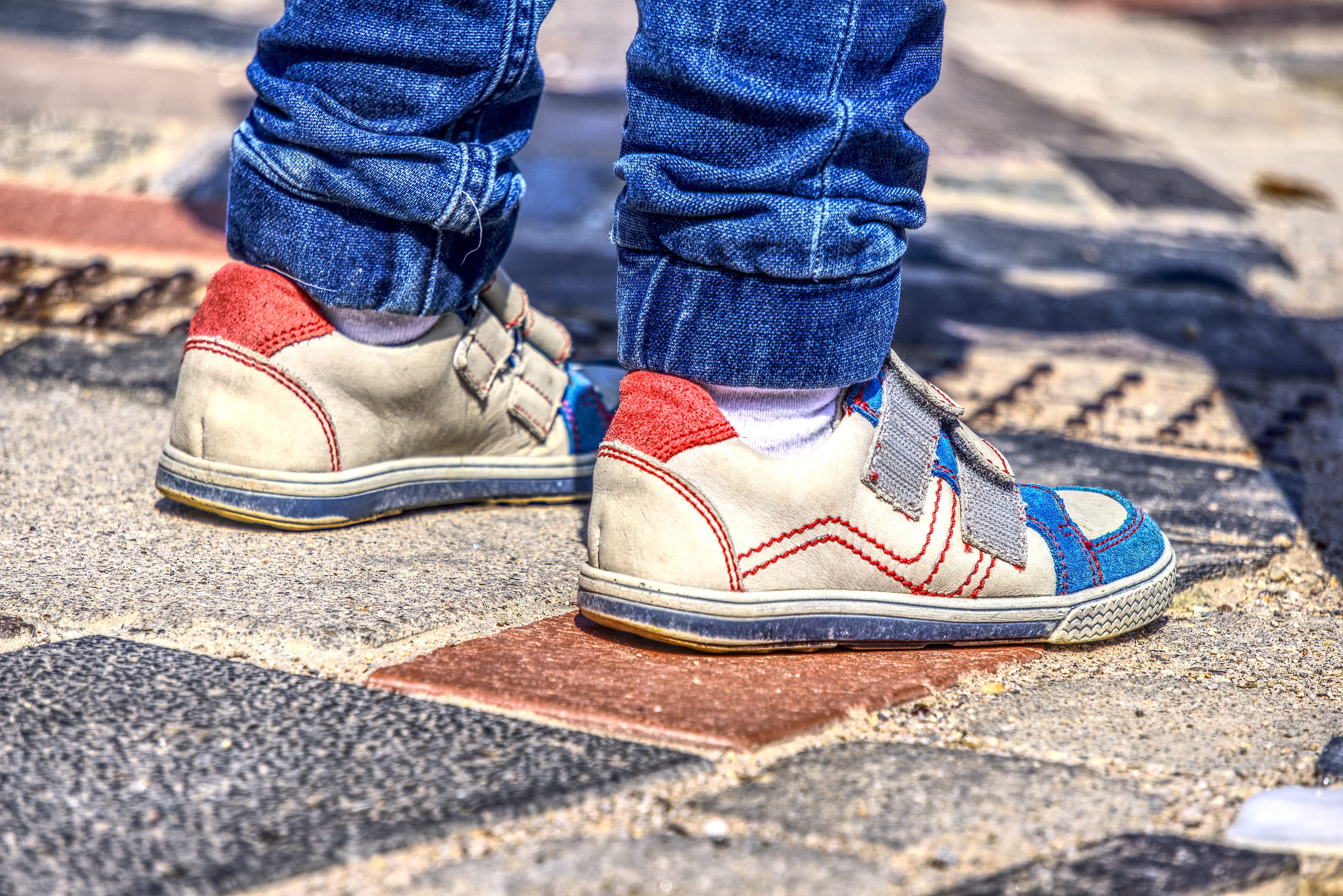 adult, colorful, background, childrens shoes, small child, human body part, limb, patch, hdr, 5K, day, canvas shoe, human limb, feet, city, street, concrete, HD Wallpaper