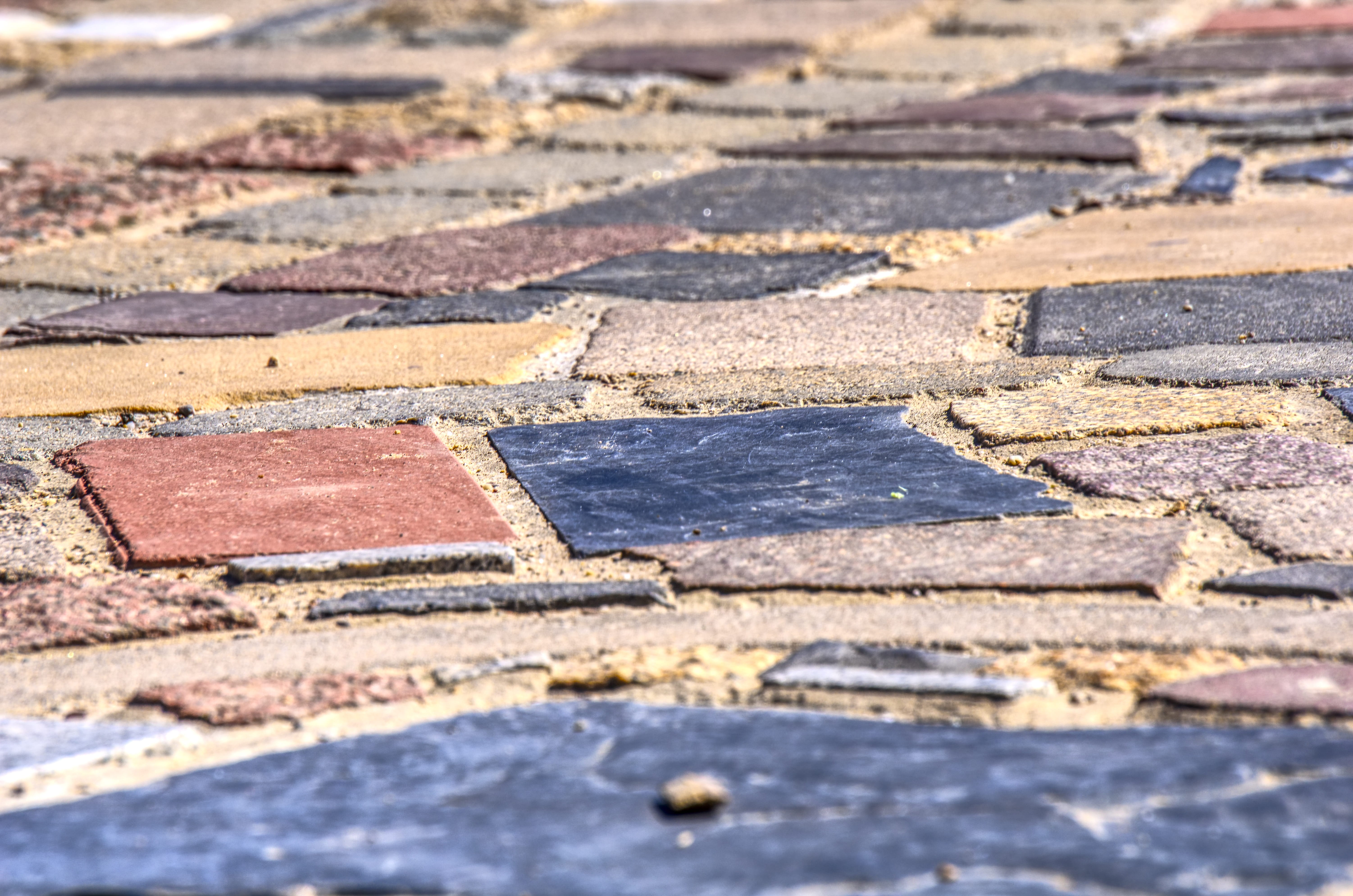 in a row, footpath, pattern, hof, sunlight, surface level, structure, architecture, colorful, close-up, 5K, street, outdoors, hdr, rough, nature, concrete, HD Wallpaper