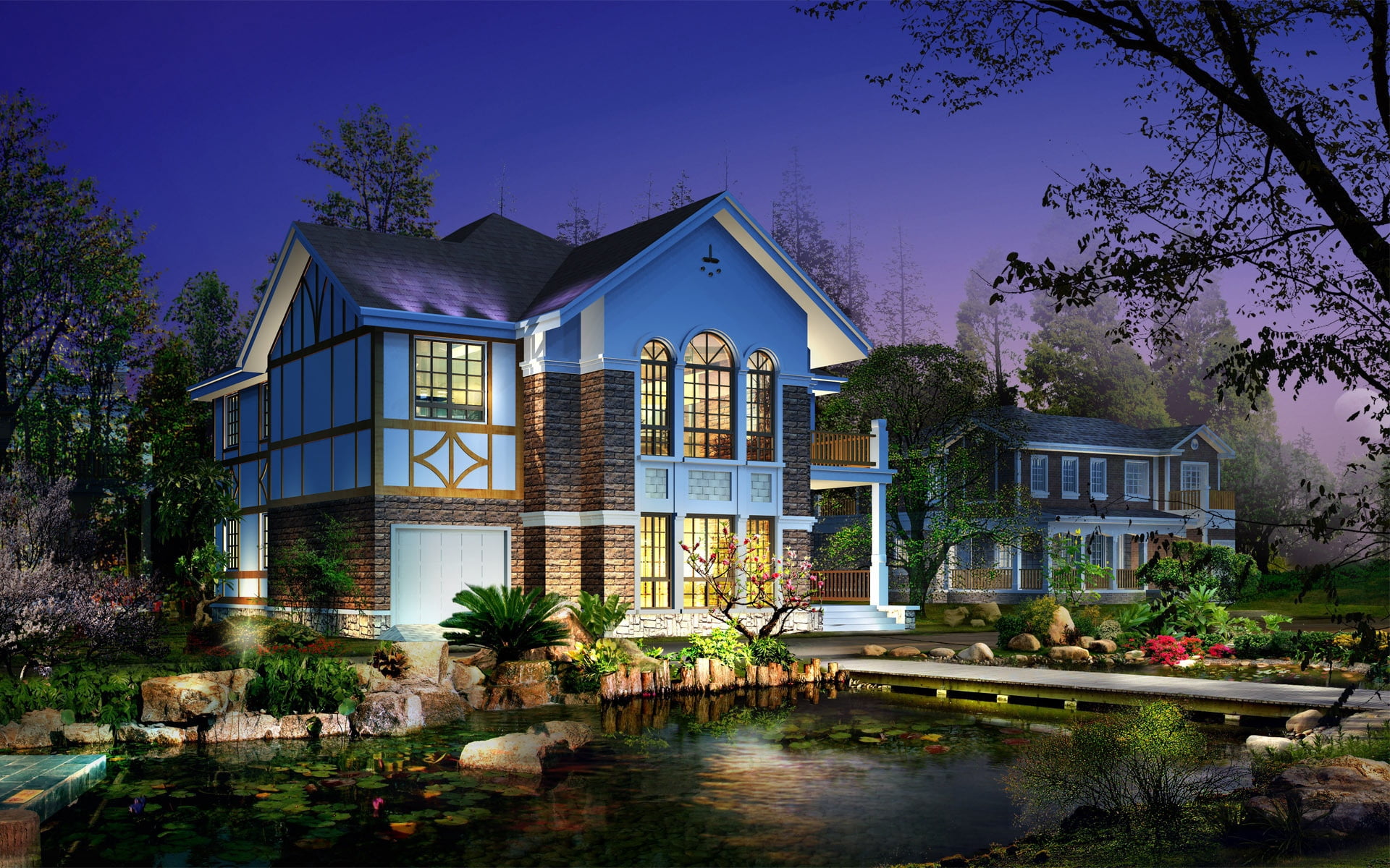 dusk, luxury, residential Building, yard, vegetation, front or Back Yard, water, modern, night, home Ownership, sky, outdoors, plant, 1080P, building, HD Wallpaper