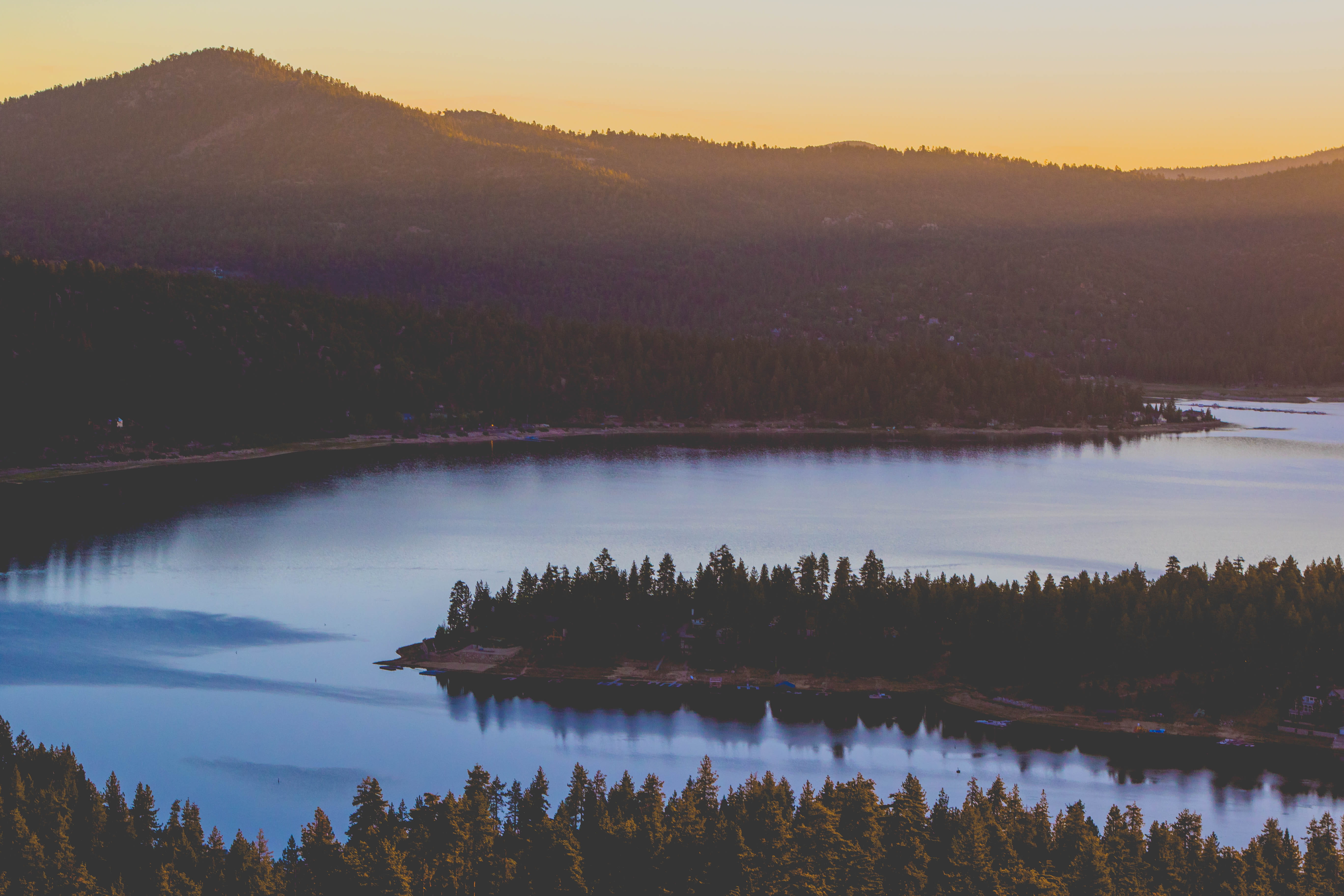 sunset, clear, no People, forest, sunrise, aerial view, plant, surrounded, lake, mountains, two, view, woodland, 5K, daytime, non-urban scene, winding, HD Wallpaper