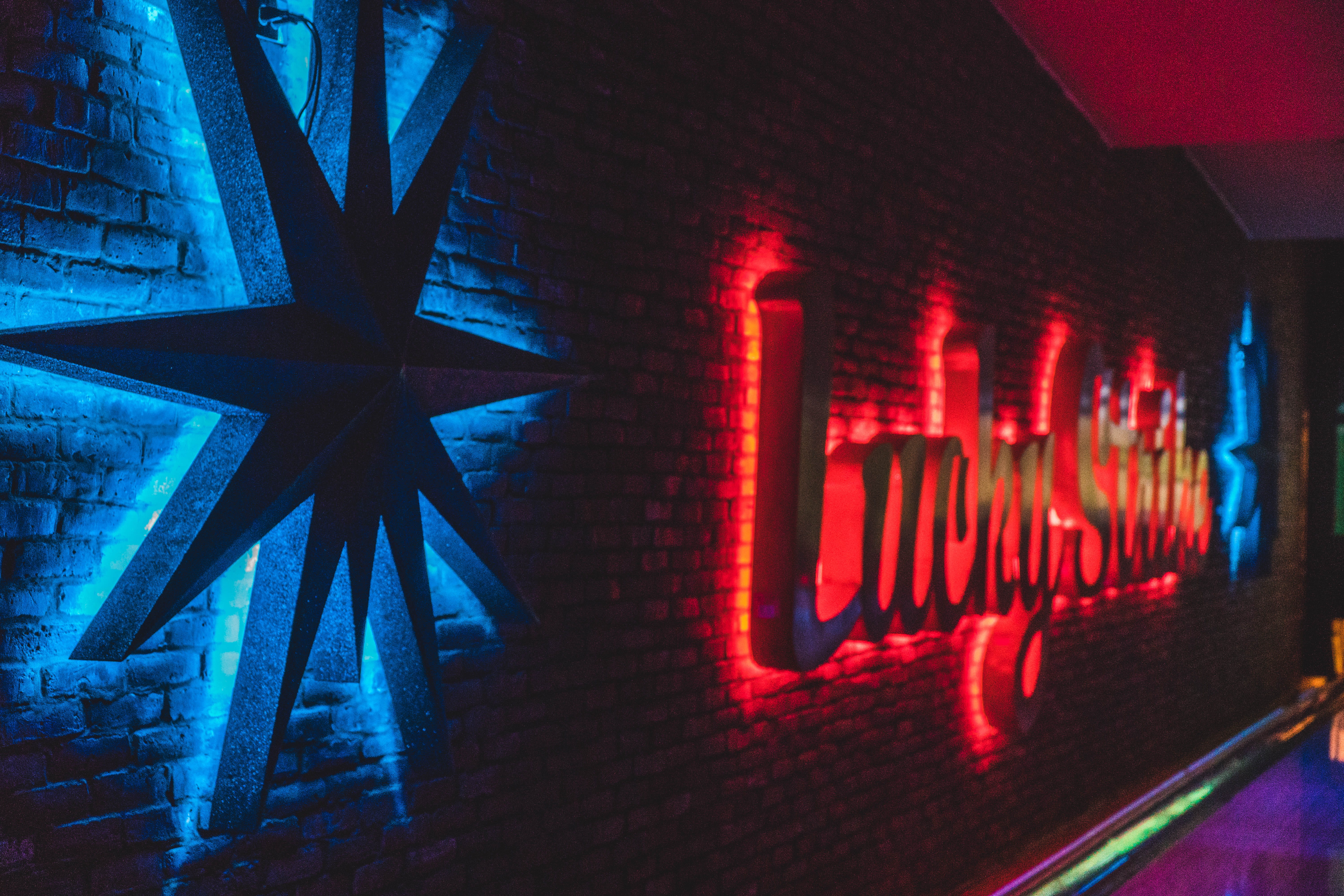 lucky, in doors, stars, capital letter, neon lights, neon, urban, blue, text, neon and blick, bowling, night, no people, red neon lights, lighting equipment, HD Wallpaper