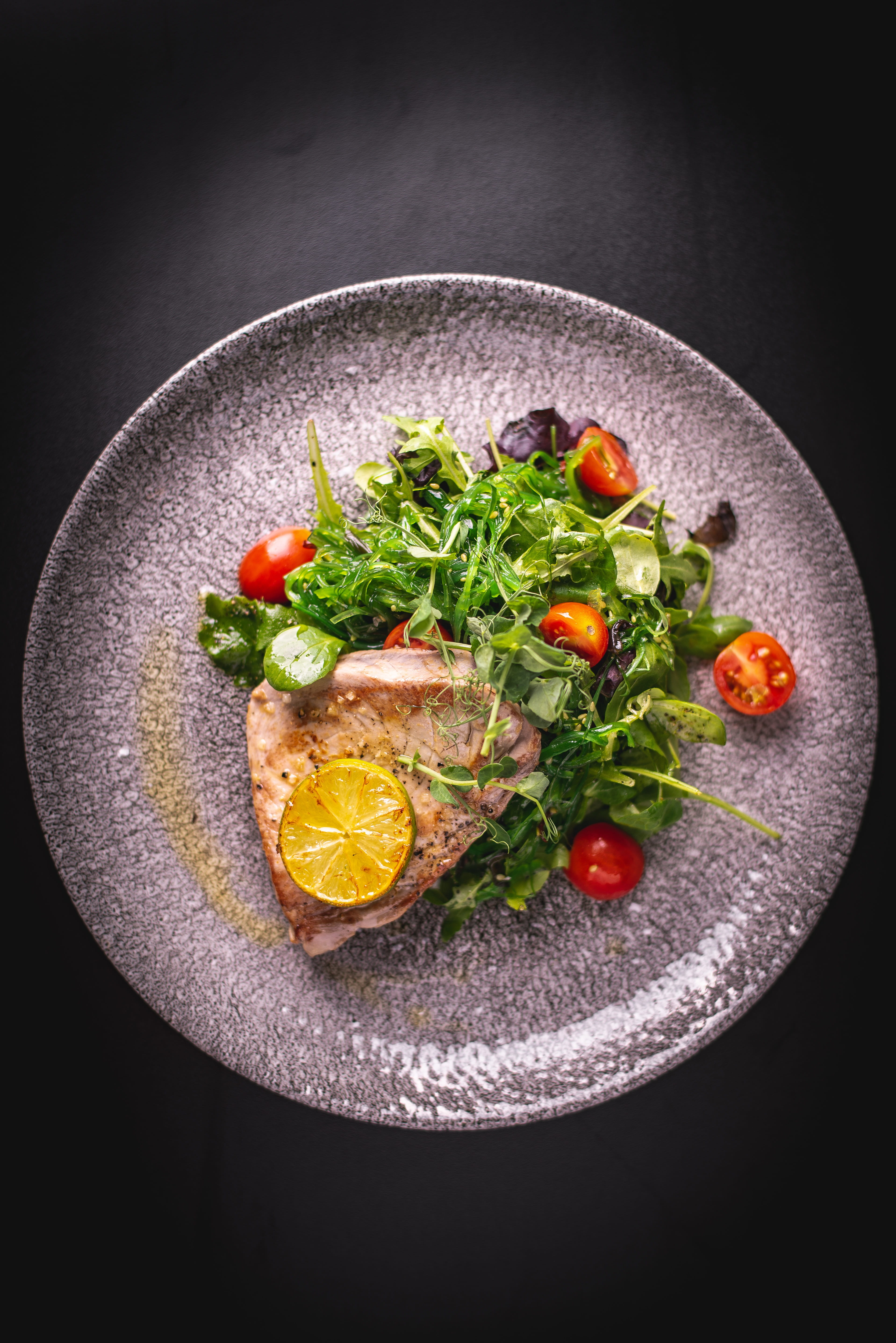 food, wellbeing, directly above, meat, herb, freshness, black background, organic, wakame, food and drink, ready-to-eat, vegetable, tuna, steak, 5K, crockery, Phone HD Wallpaper