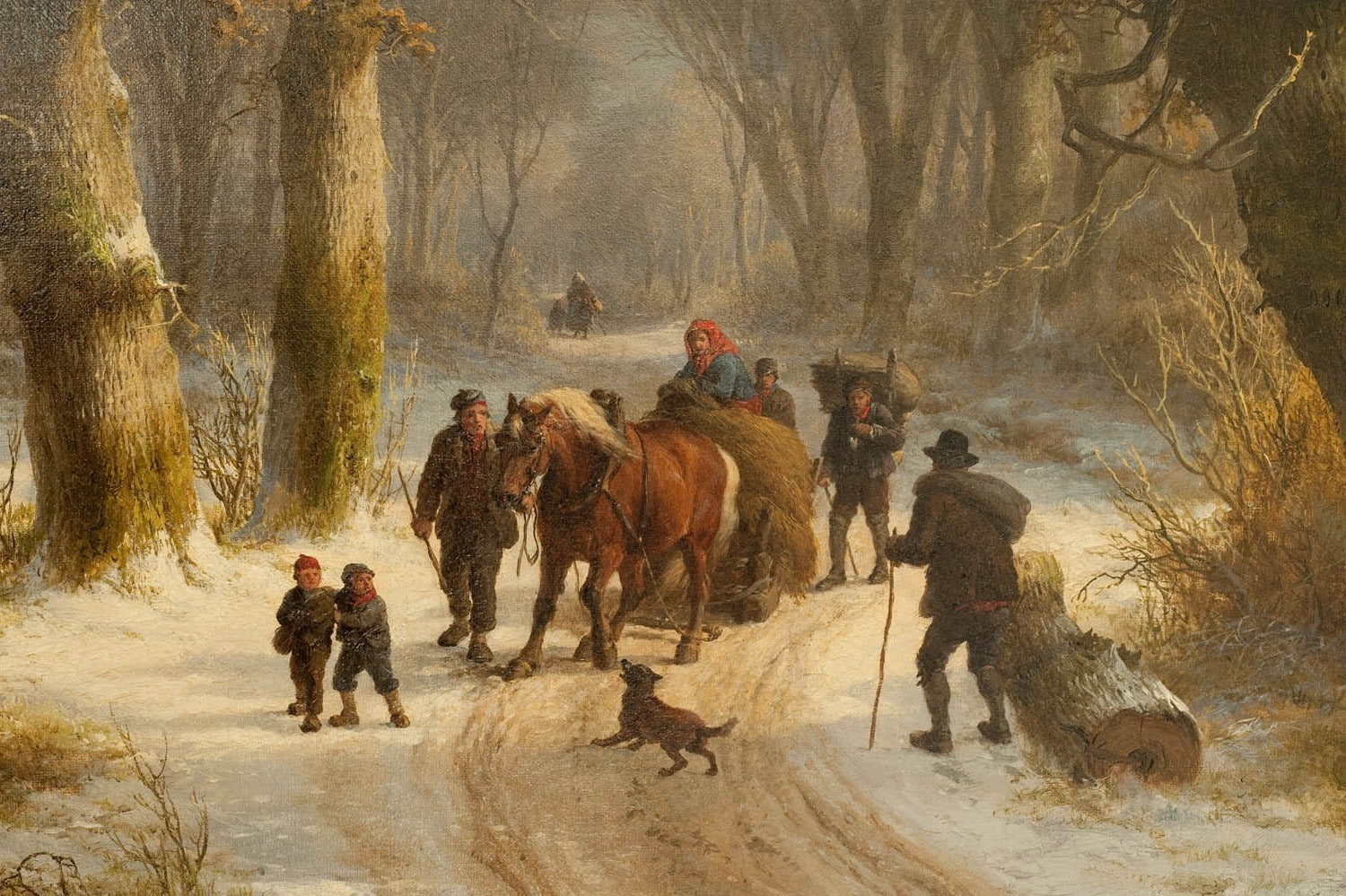 Peasants, snow, children, Classic Art, horse, forest, dog, Trees, Log, Dirt Road, 720P, painting, HD Wallpaper