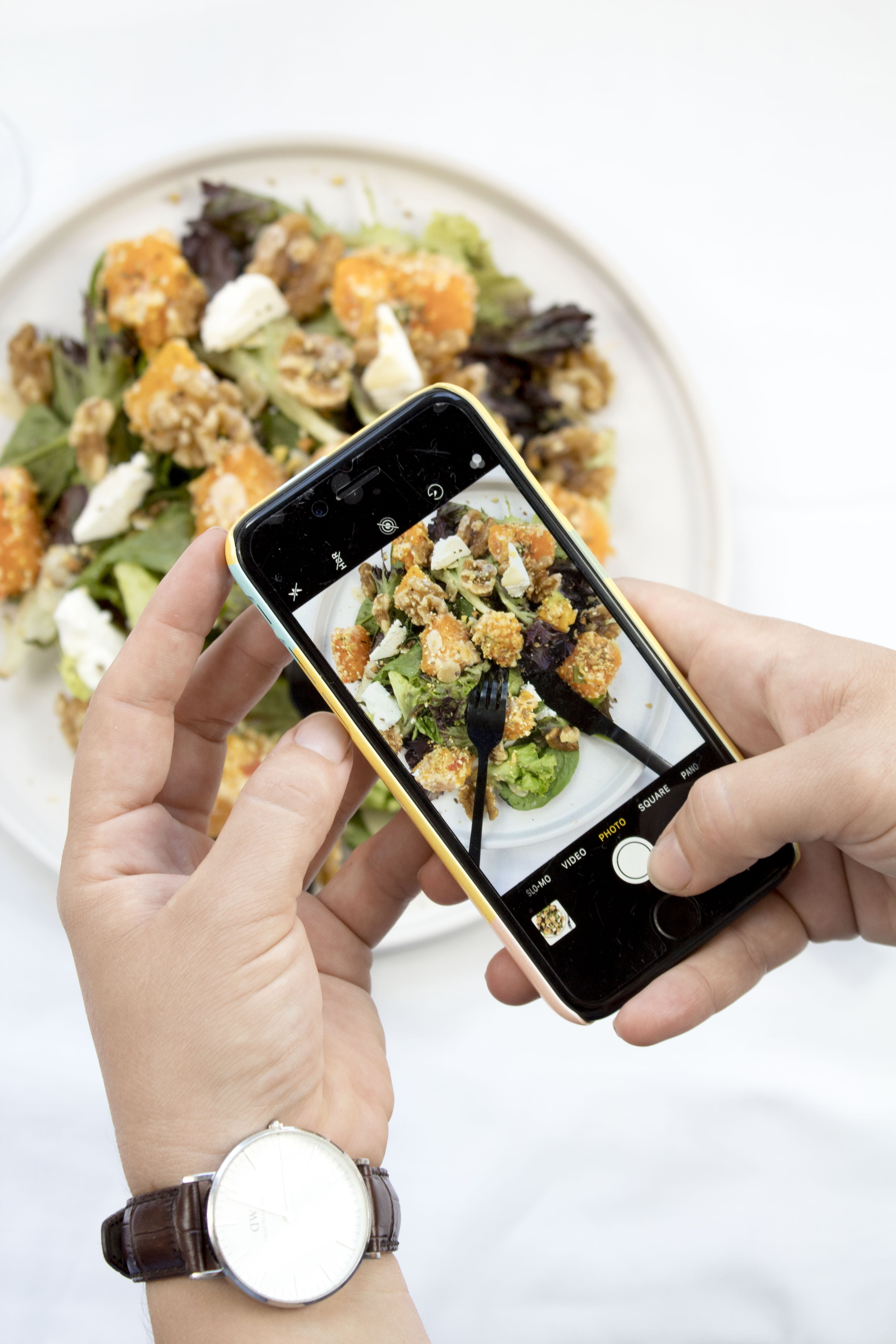 communication, phone, japanese food, using, taking photo, photographer, close-up, photographing, holding, food and drink, vegetable, lunch, pumpkin, salad, Phone HD Wallpaper