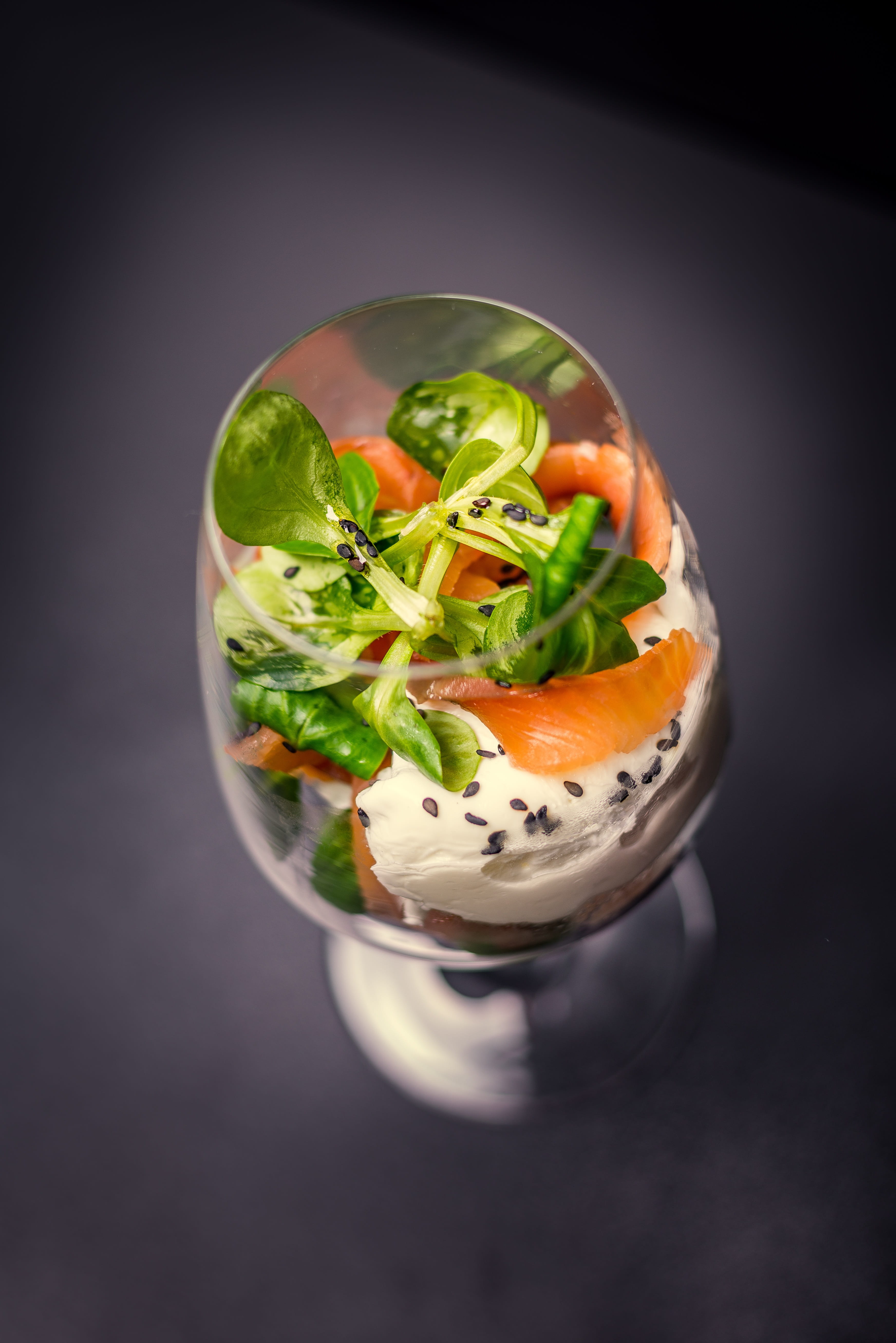 salmon, fruit, serving size, gray background, high angle view, bowl, still life, herb, black background, vegetable, wellbeing, veiled eggs, mint leaf - culinary, Phone HD Wallpaper