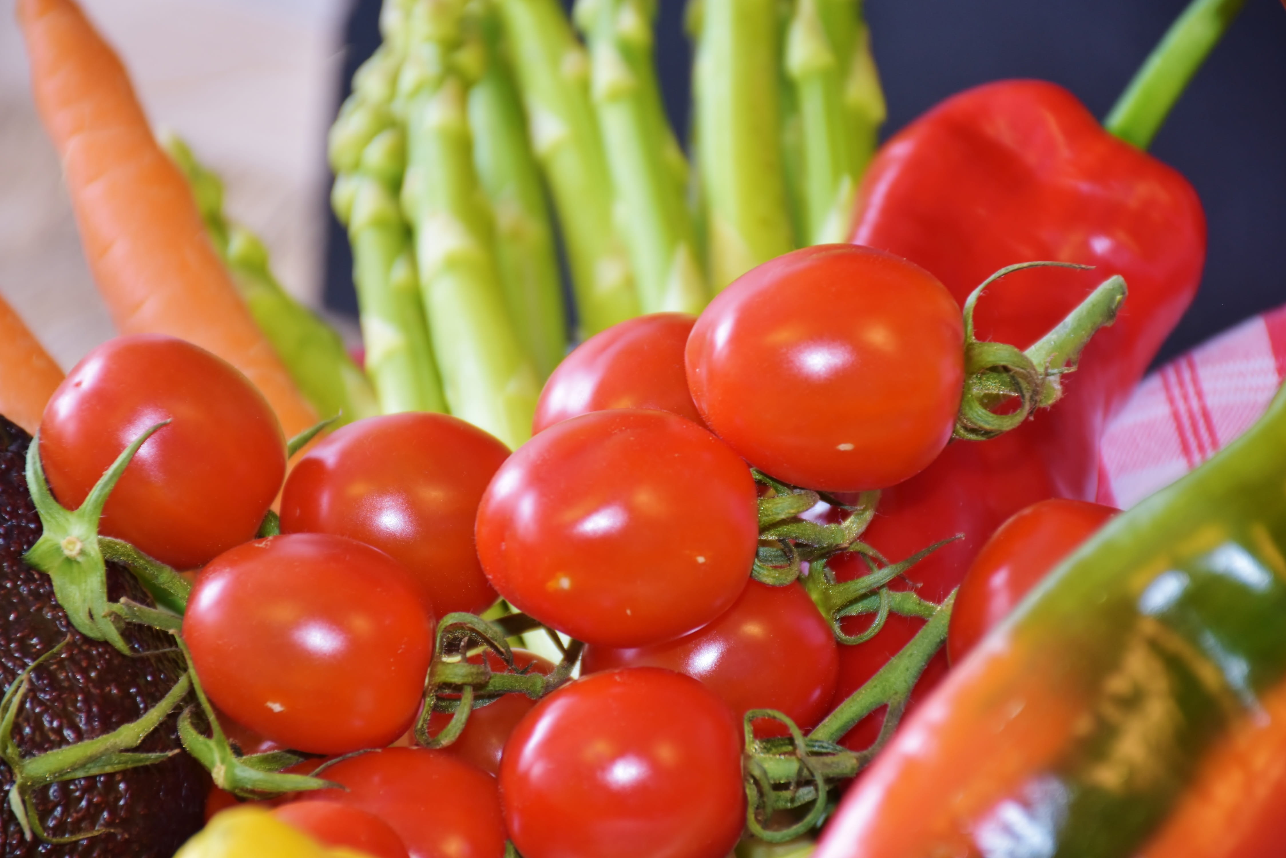 bell, eat, cherry, diet, healthy eating, vegetables, raw food, still life, wellbeing, green color, green asparagus, indoors, avocado, kitchen, food, 4K, HD Wallpaper