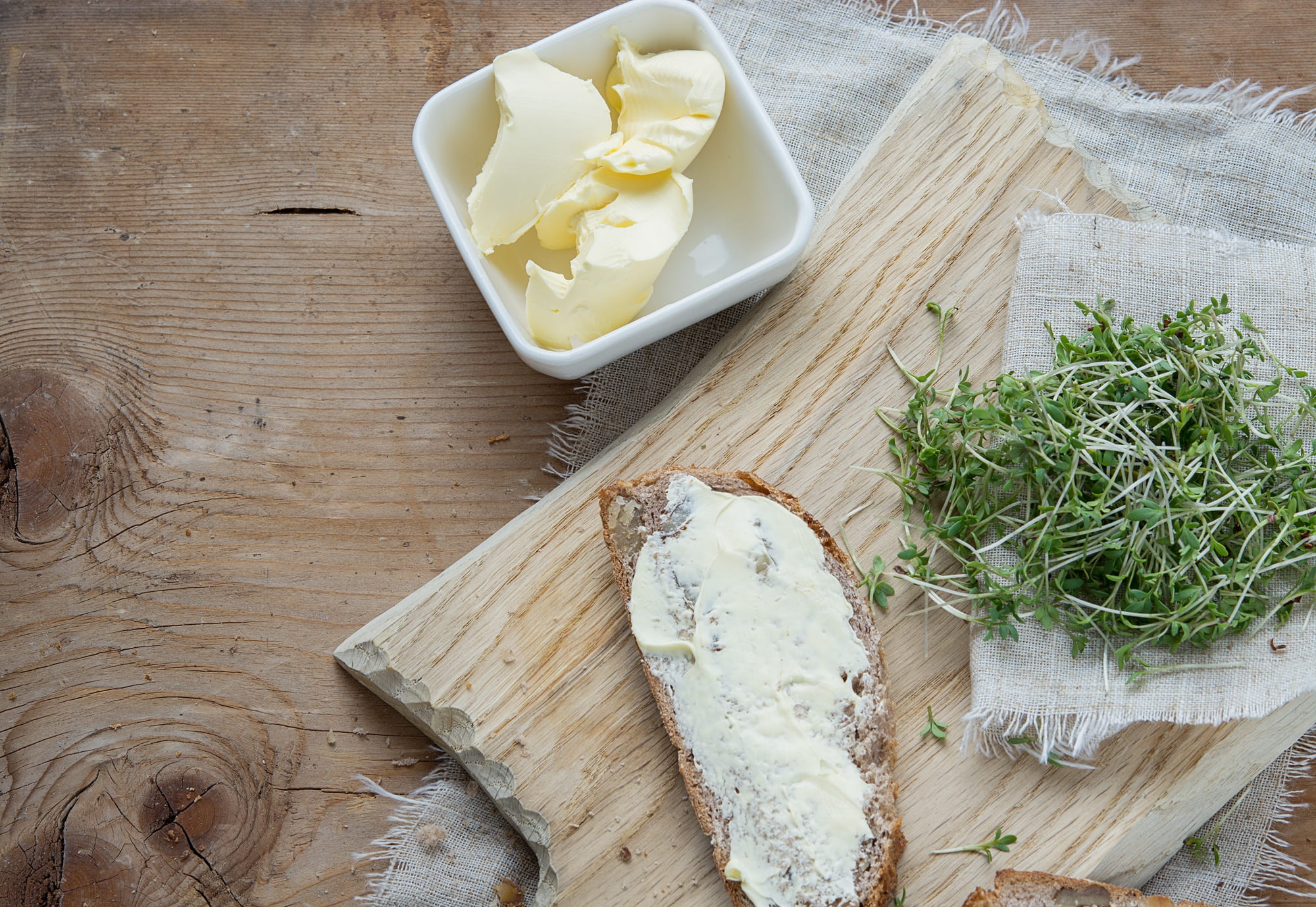 wooden board, indoors, bread and butter, butter, cress, wellbeing, food, wood - material, freshness, french food, no people, natural product, table, healthy eating, HD Wallpaper