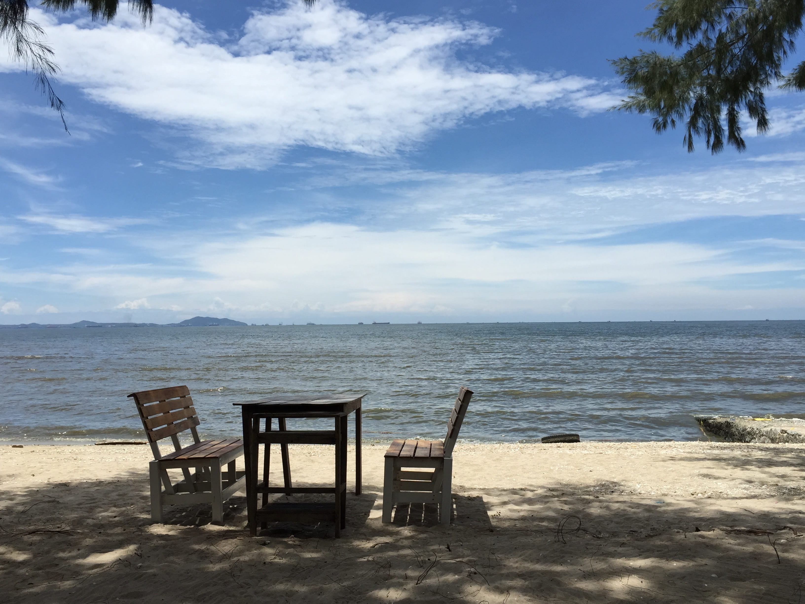 cloud - sky, sea, seaside, wooden desk, scenics - nature, some sea god, tranquil scene, land, eating outside the home, holidays, sky, Sea God, beauty in nature, HD Wallpaper