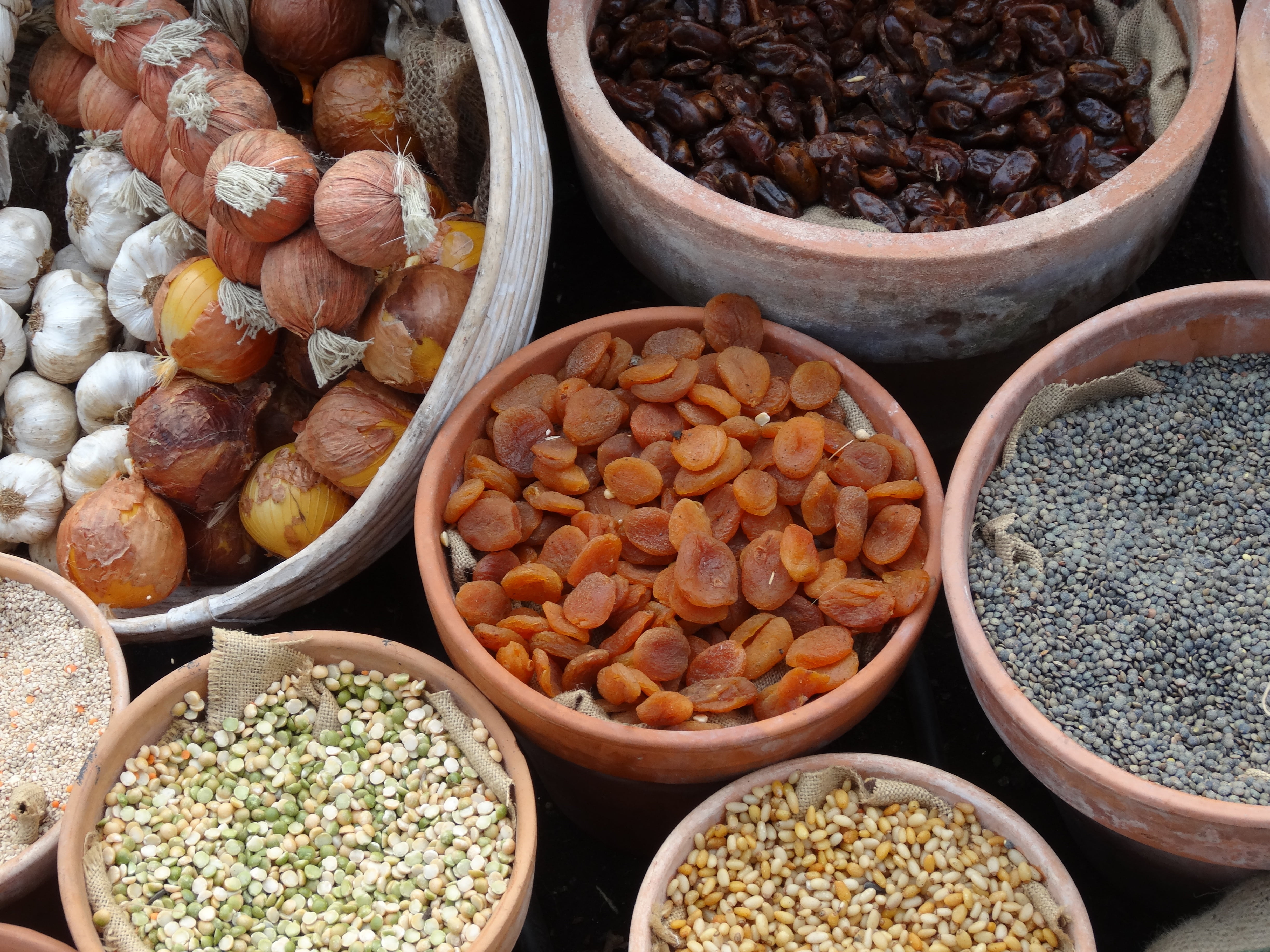 retail display, market stall, food and drink, still life, vegetables, assorted, apricots, natural, high angle view, abundance, pulses, spice, container, HD Wallpaper