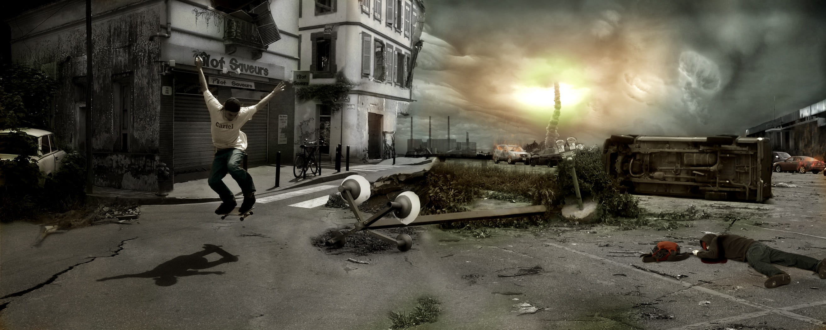 street, building, apocalyptic, disaster, no people, crash, outdoors, water, man, residential district, danger, building exterior, 2K, murder, transportation, HD Wallpaper