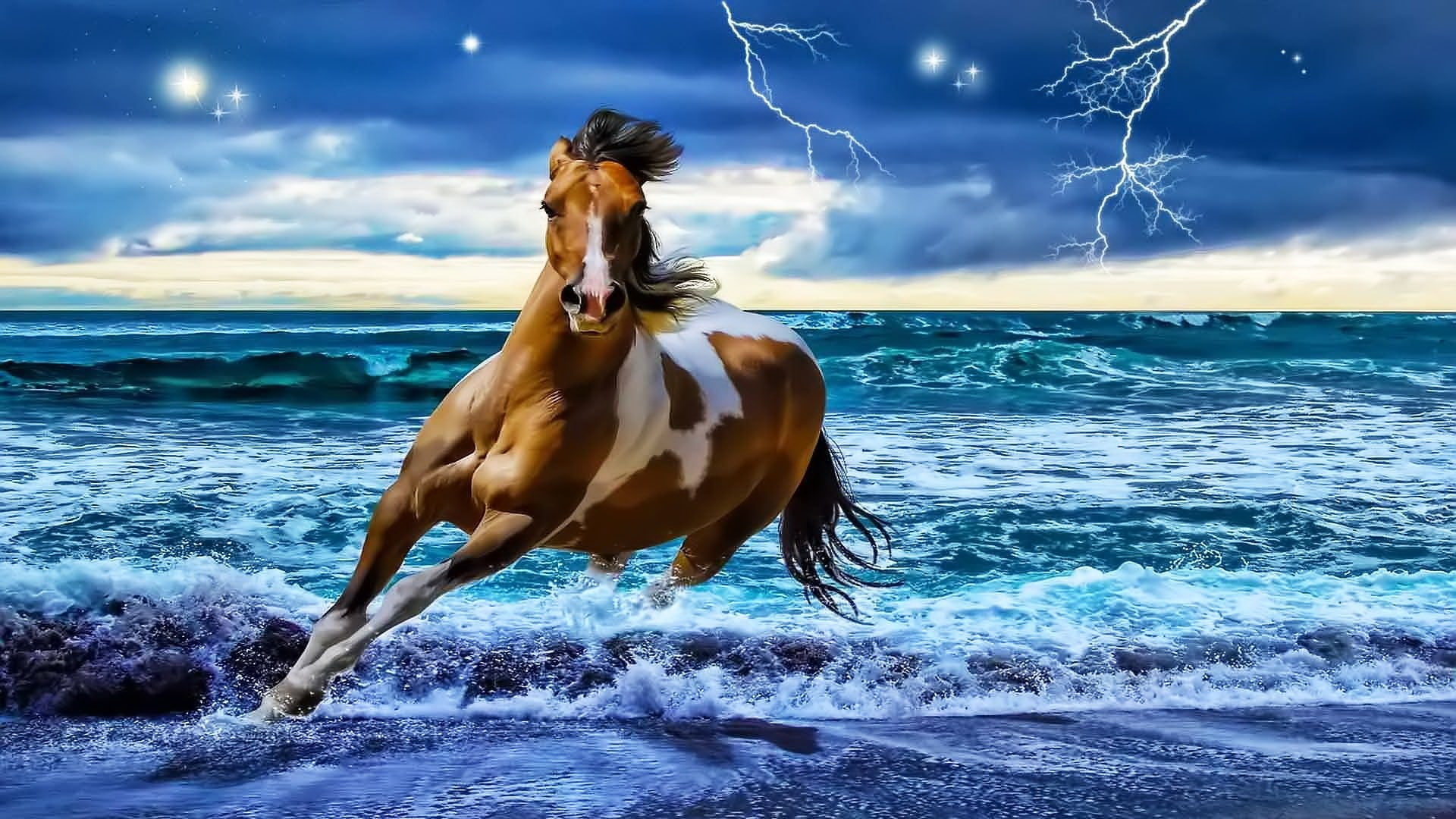 sea, running, lightning, ocean, run, 1080P, horse, HD Wallpaper