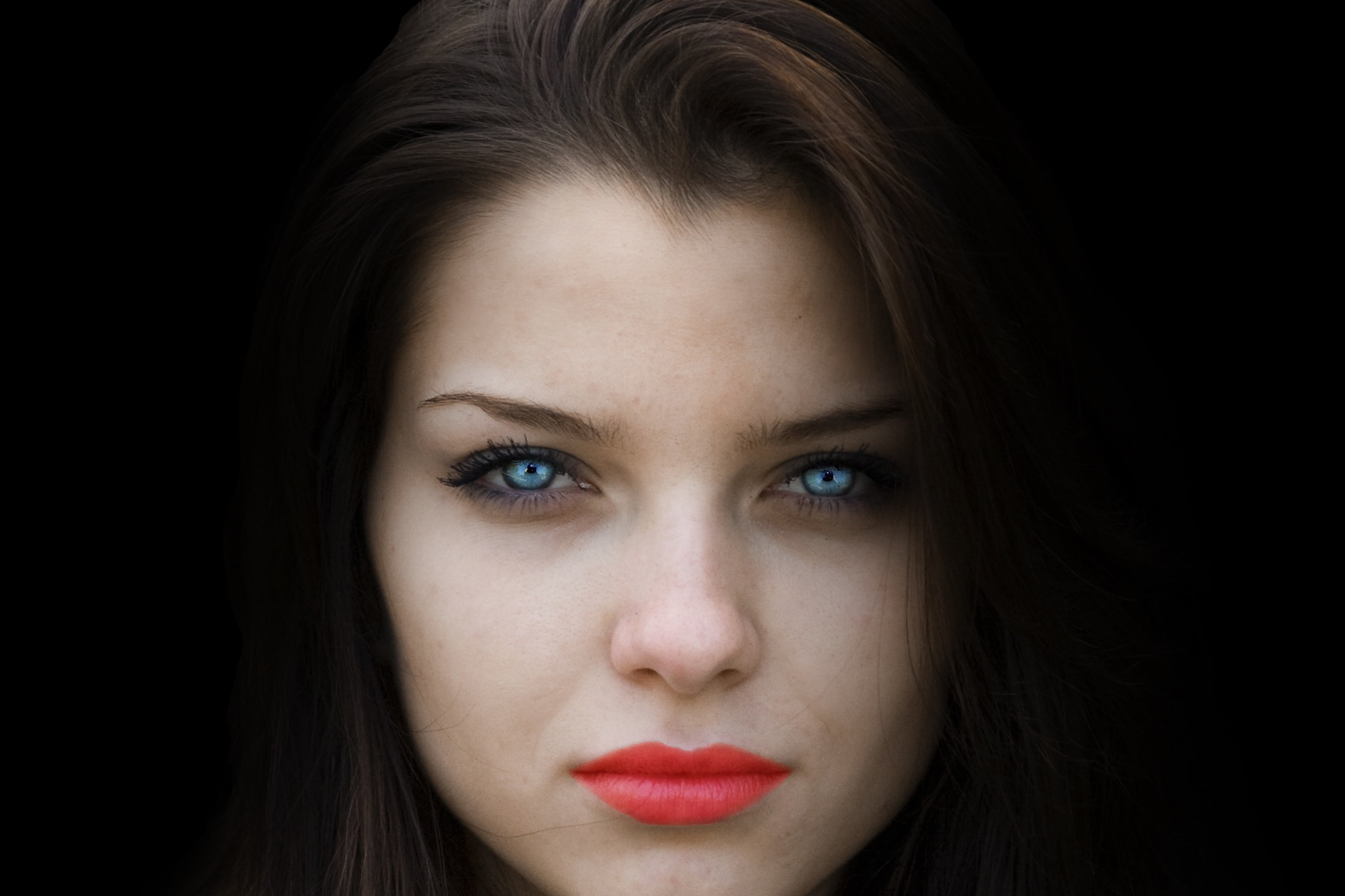 brown Hair, women, adult, human body part, red lips, females, body part, uncertainty, blue eyes, black Background, human lips, 2K, contemplation, young women, HD Wallpaper
