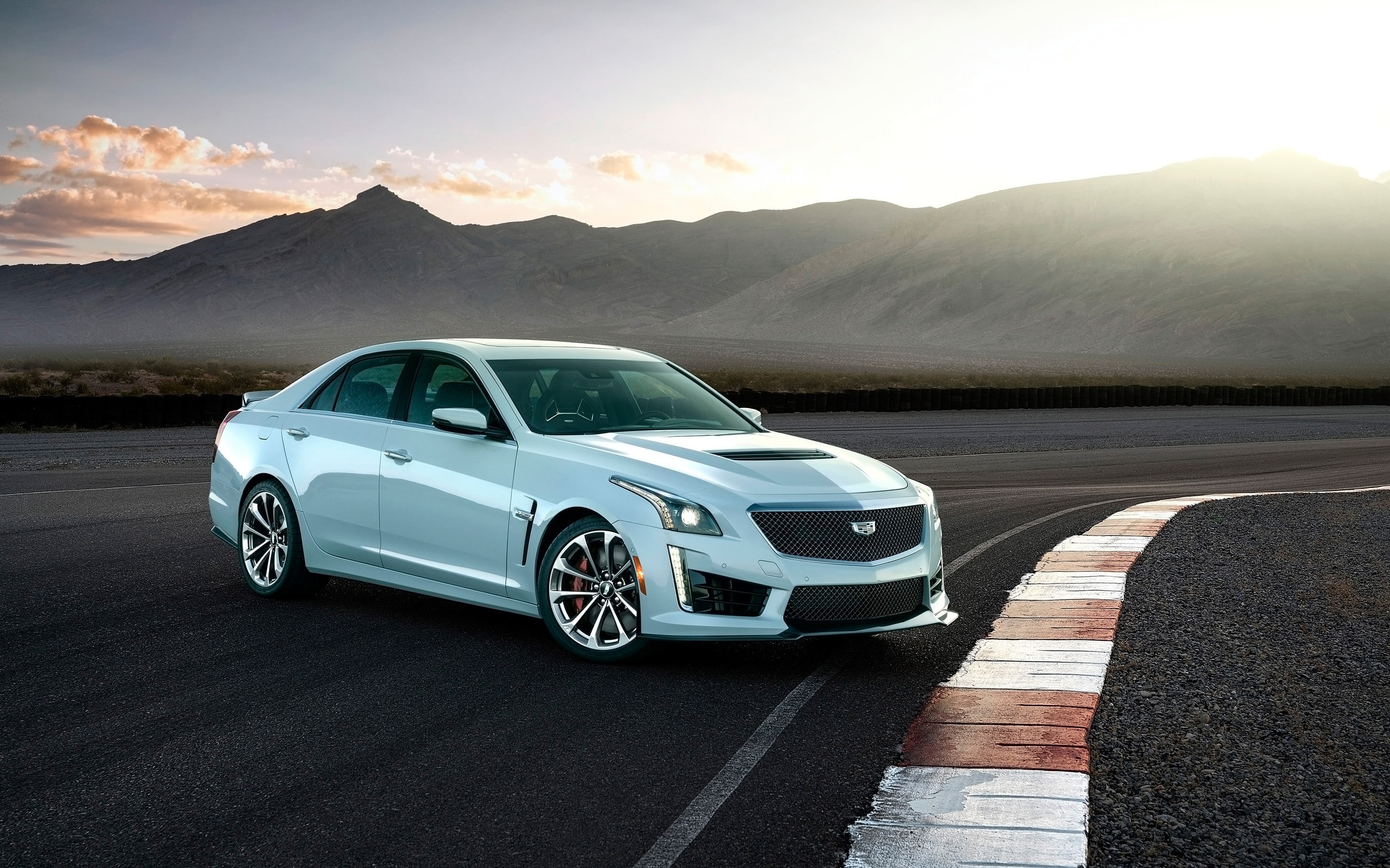 speed, sky, land vehicle, mode of transportation, 2018, motion, Cadillac CTS-V Glacier Metallic Edition, road marking, environment, symbol, mountain, road, HD Wallpaper