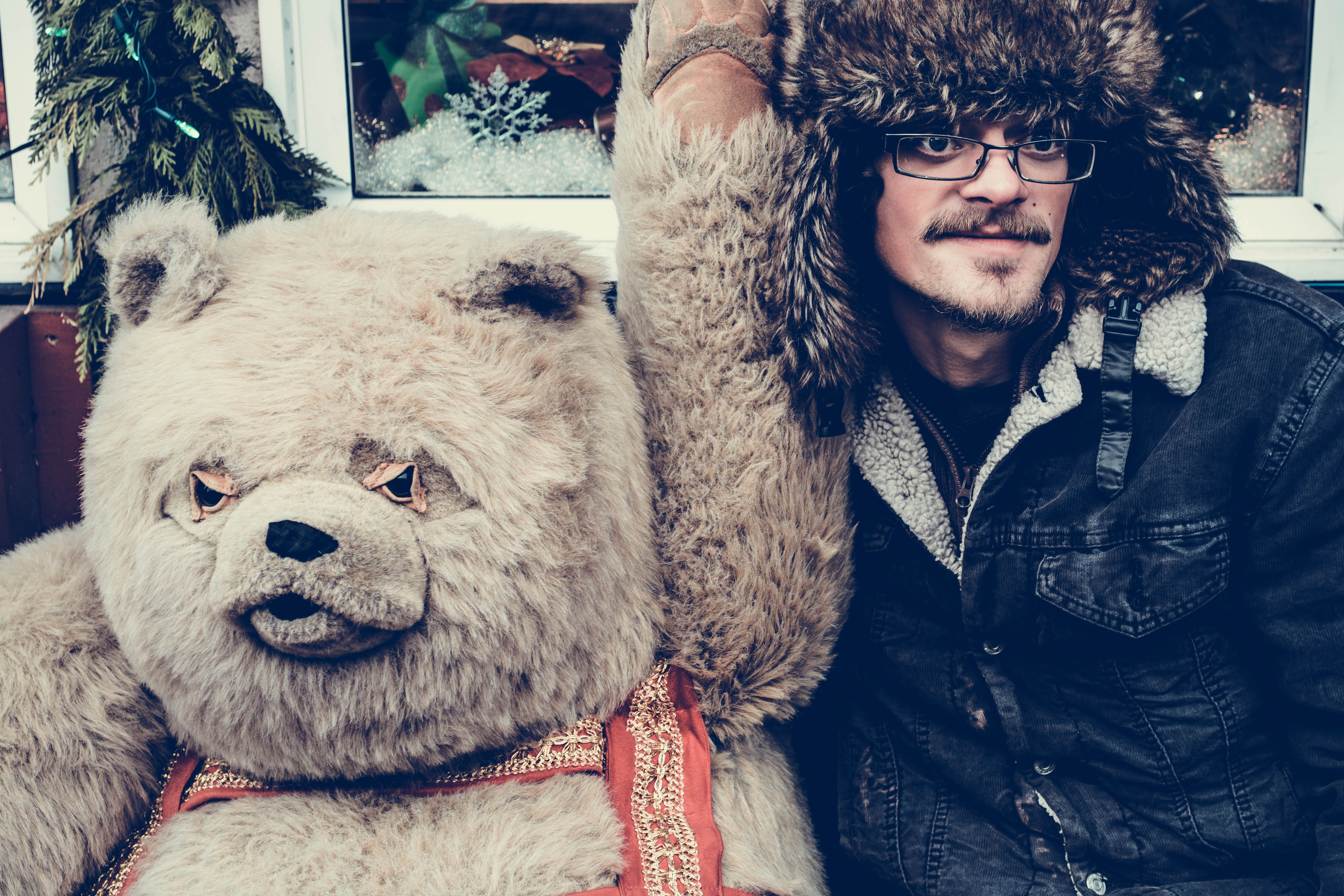 5K, young adult, males, mustache, toy, smiling, christmas, cute, winter, warm clothing, fun, lifesize, jacket, beard, fur, young men, lifestyles, wear, HD Wallpaper