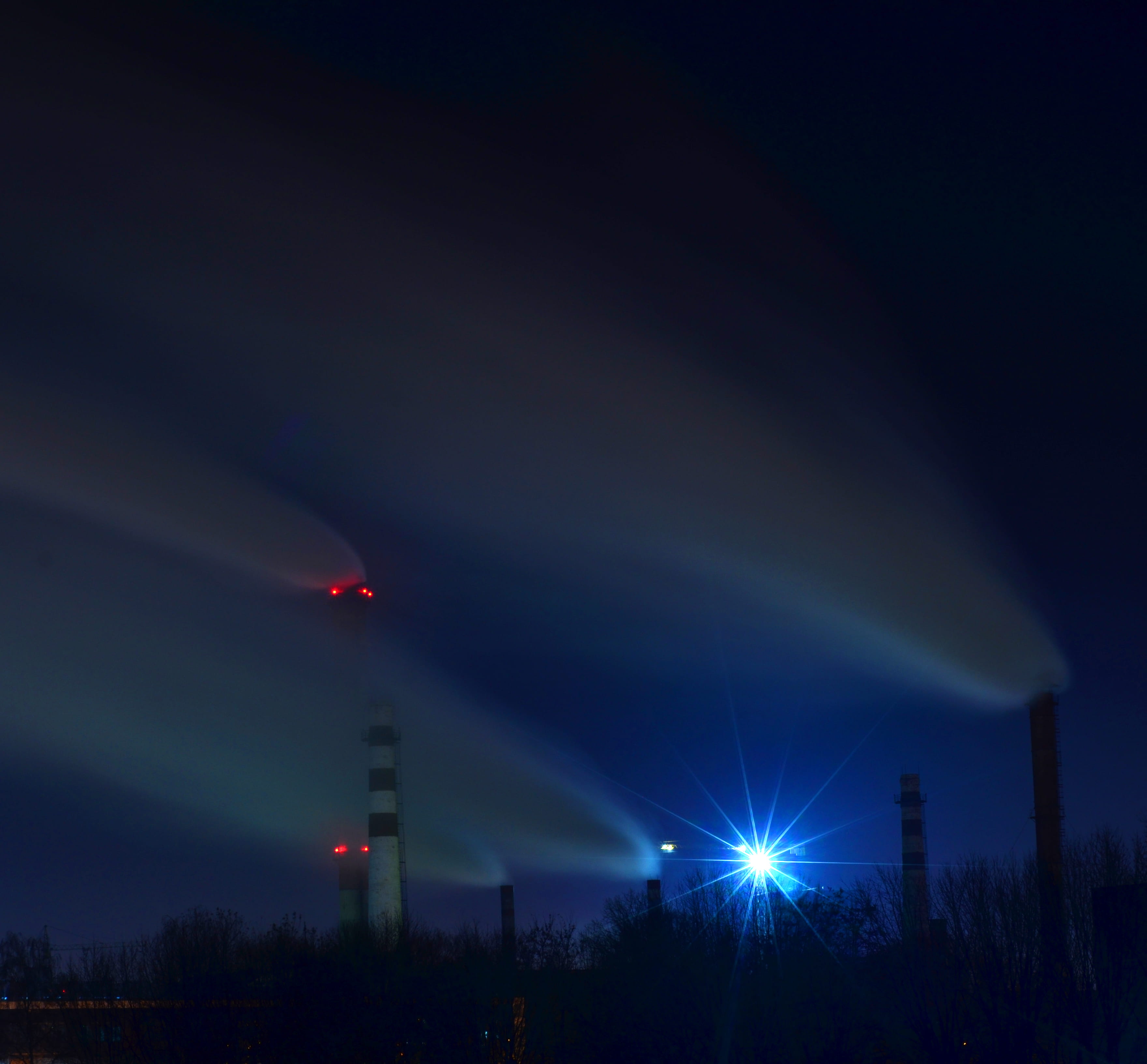 red, building, way, dark, outdoors, illuminated, danger, light beam, street light, smog, lighting, fuel and power generation, smoke, tree, tower, no people, HD Wallpaper