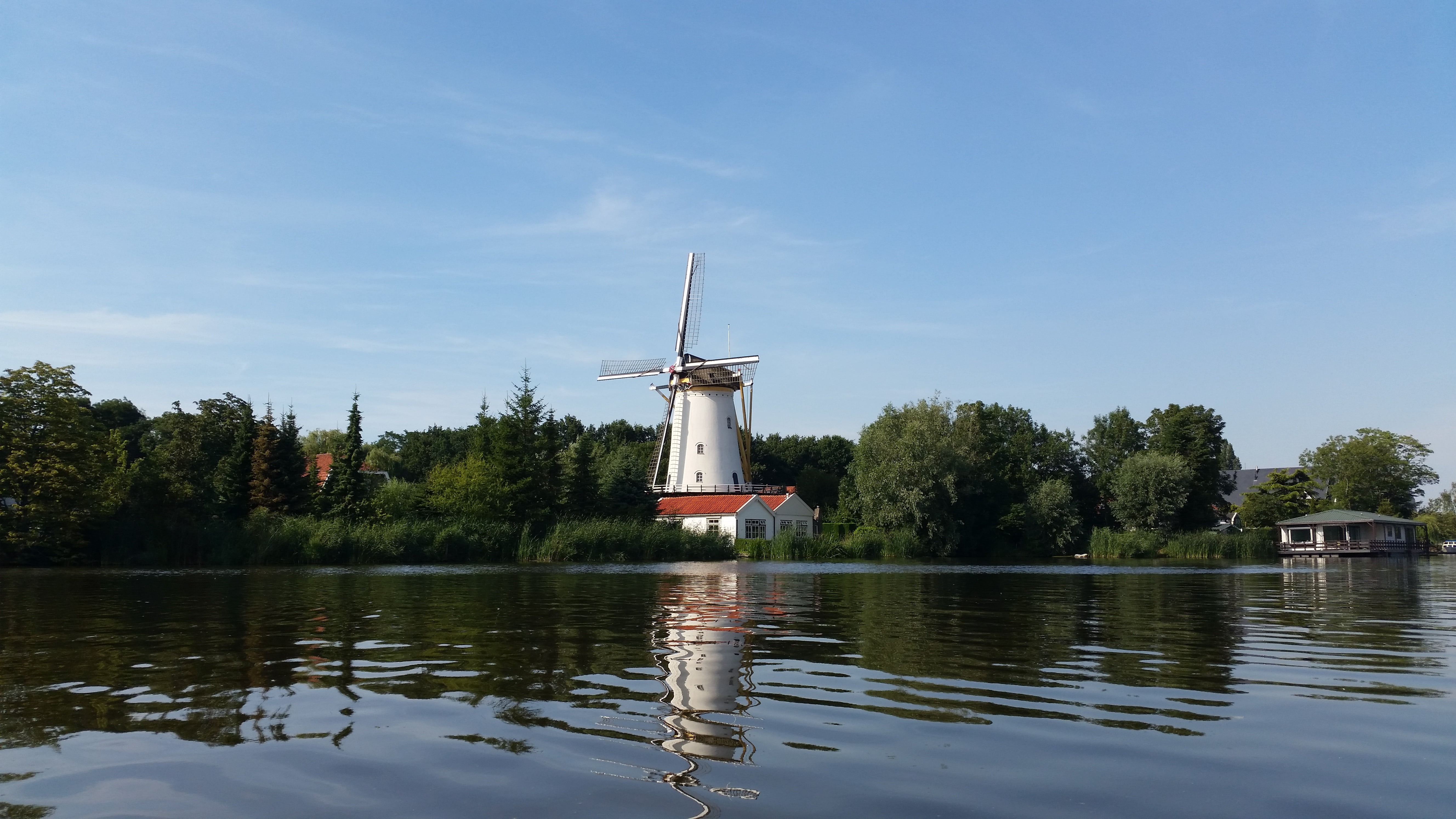 traditional windmill, plant, waterfront, outdoors, lake, water, environment, turbine, fuel and power generation, wind power, wind turbine, renewable energy, HD Wallpaper