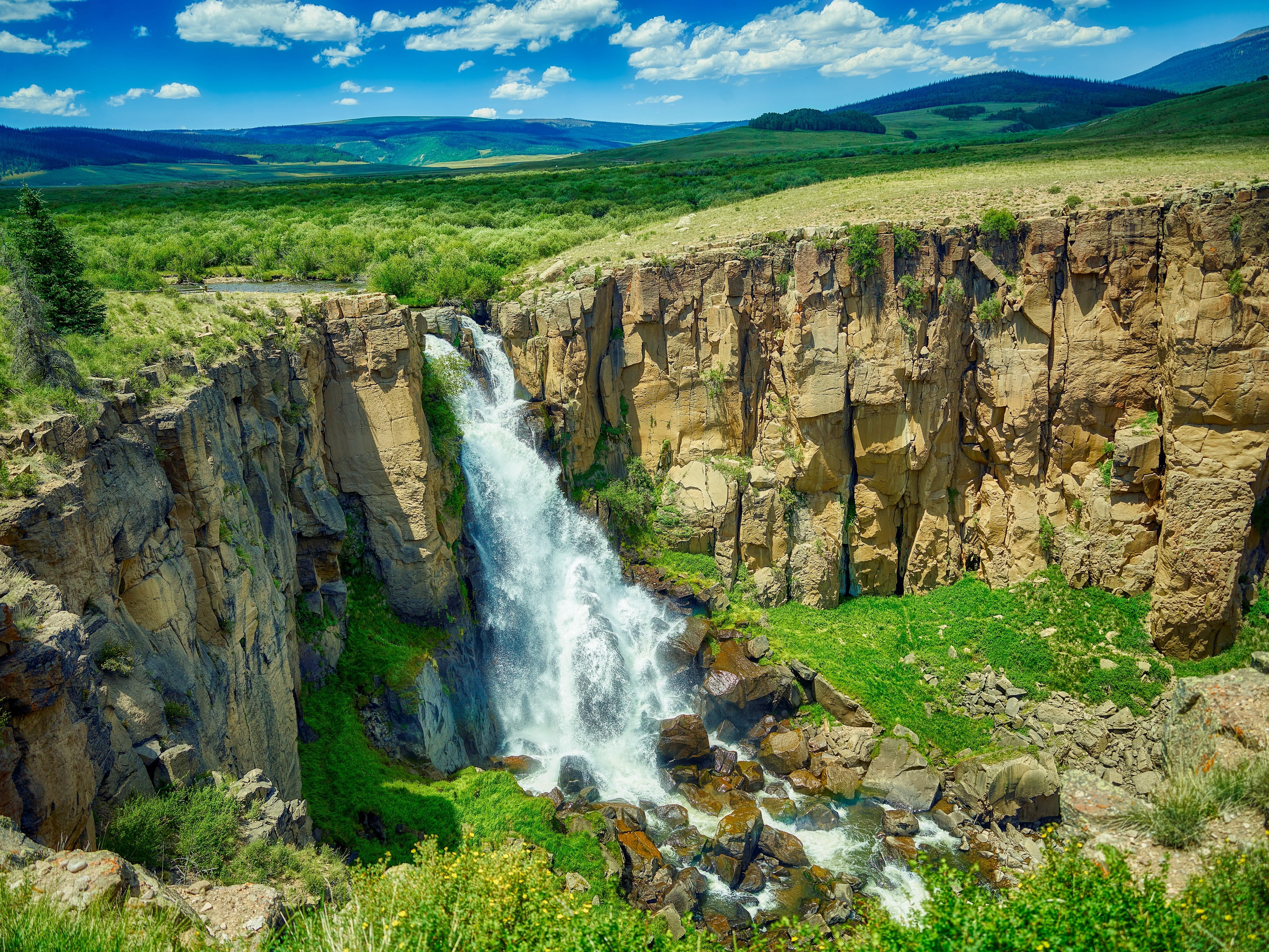 flowing, tourism, scenics - nature, non-urban scene, mountains, rural, colorado, landscape, environment, waterfall, long exposure, water, 4K, falling water, HD Wallpaper