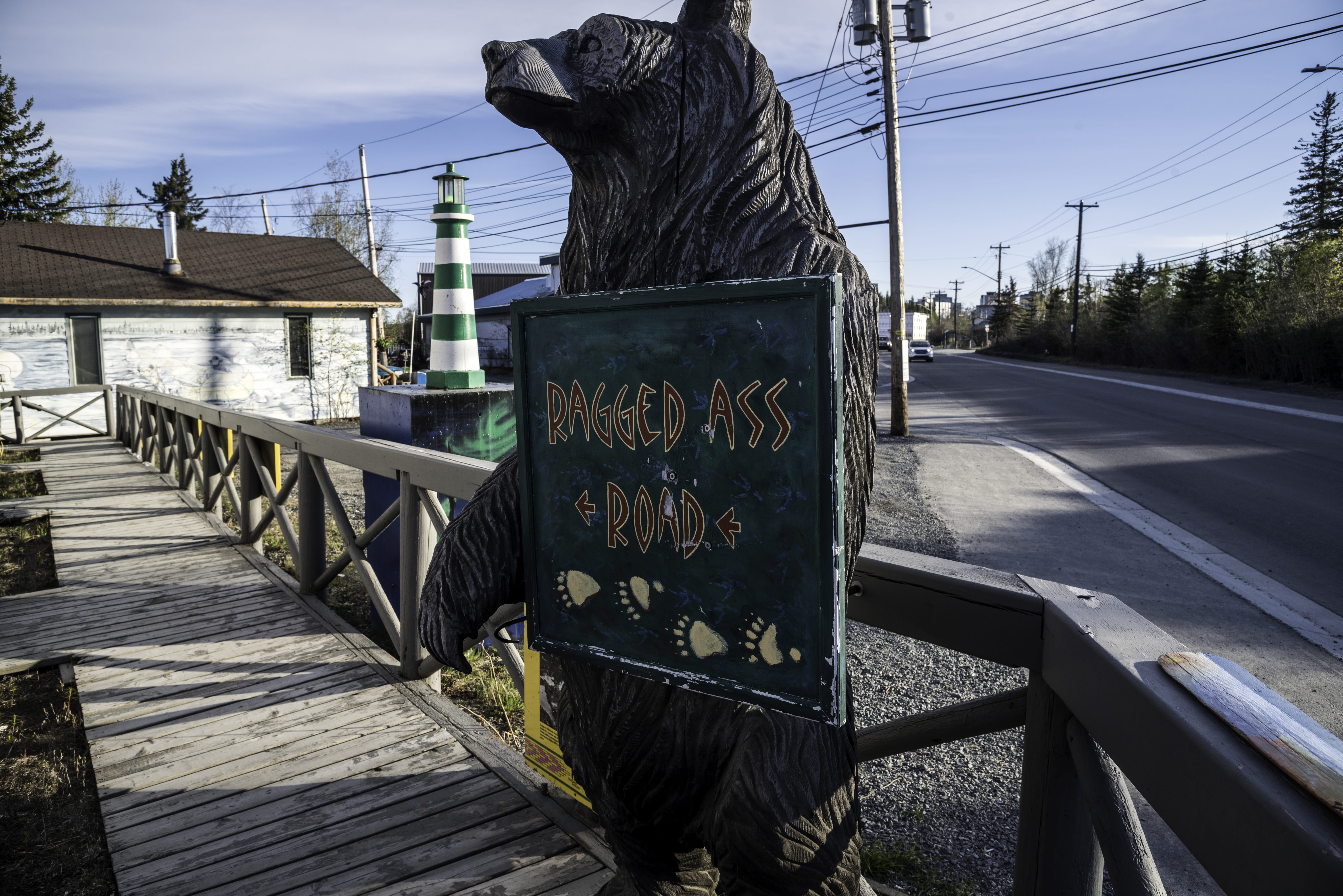 yelllowknife, old town, no people, sign, sunlight, ragged-ass road sign, Yellowknife, connection, northwest territories, ass, bridge, communication, tree, HD Wallpaper