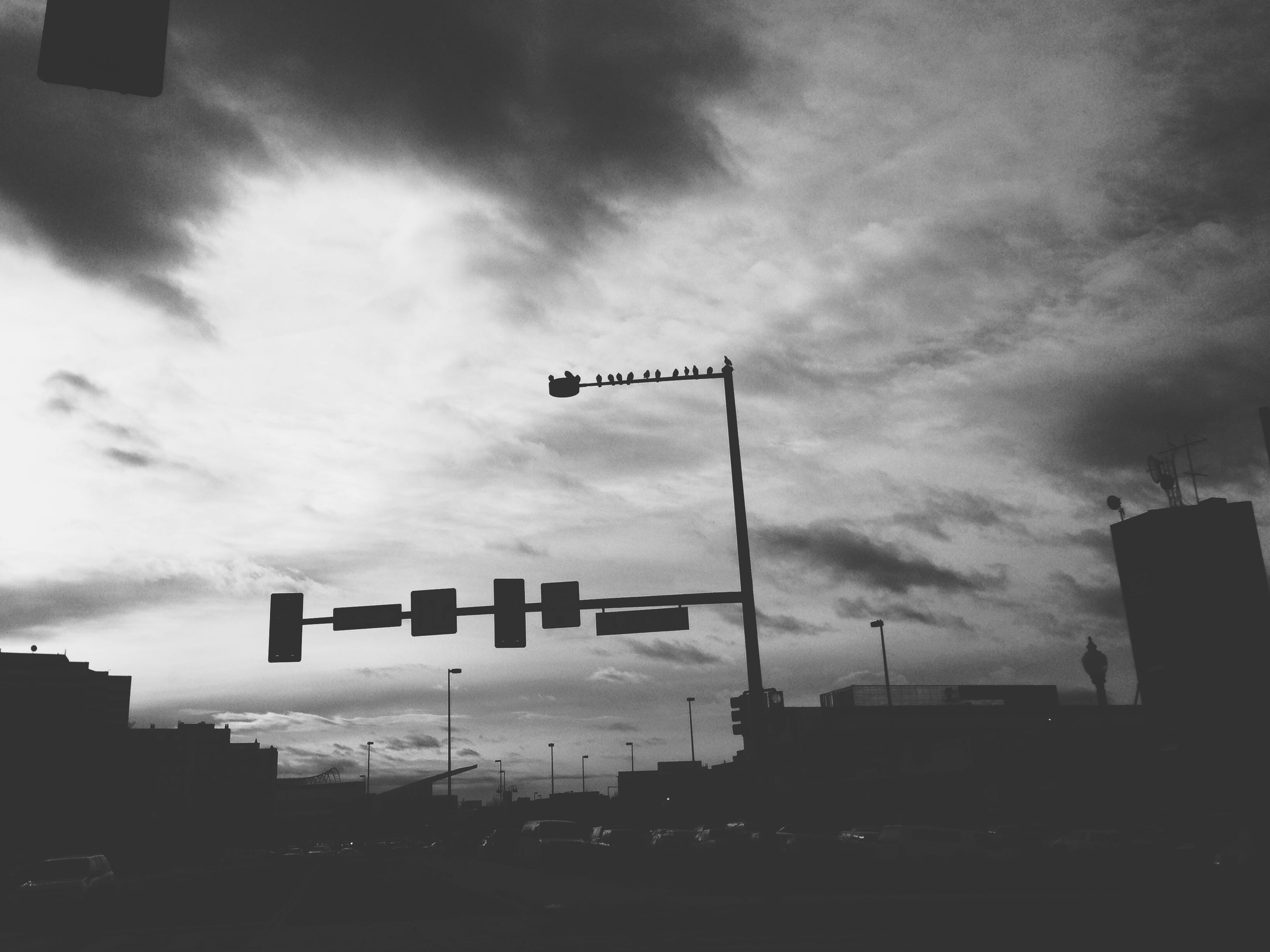 built structure, photography, cloud - sky, guidance, road sign, greyscale, clouds, dusk, denver, low angle view, day, western script, signage, street, photo, HD Wallpaper