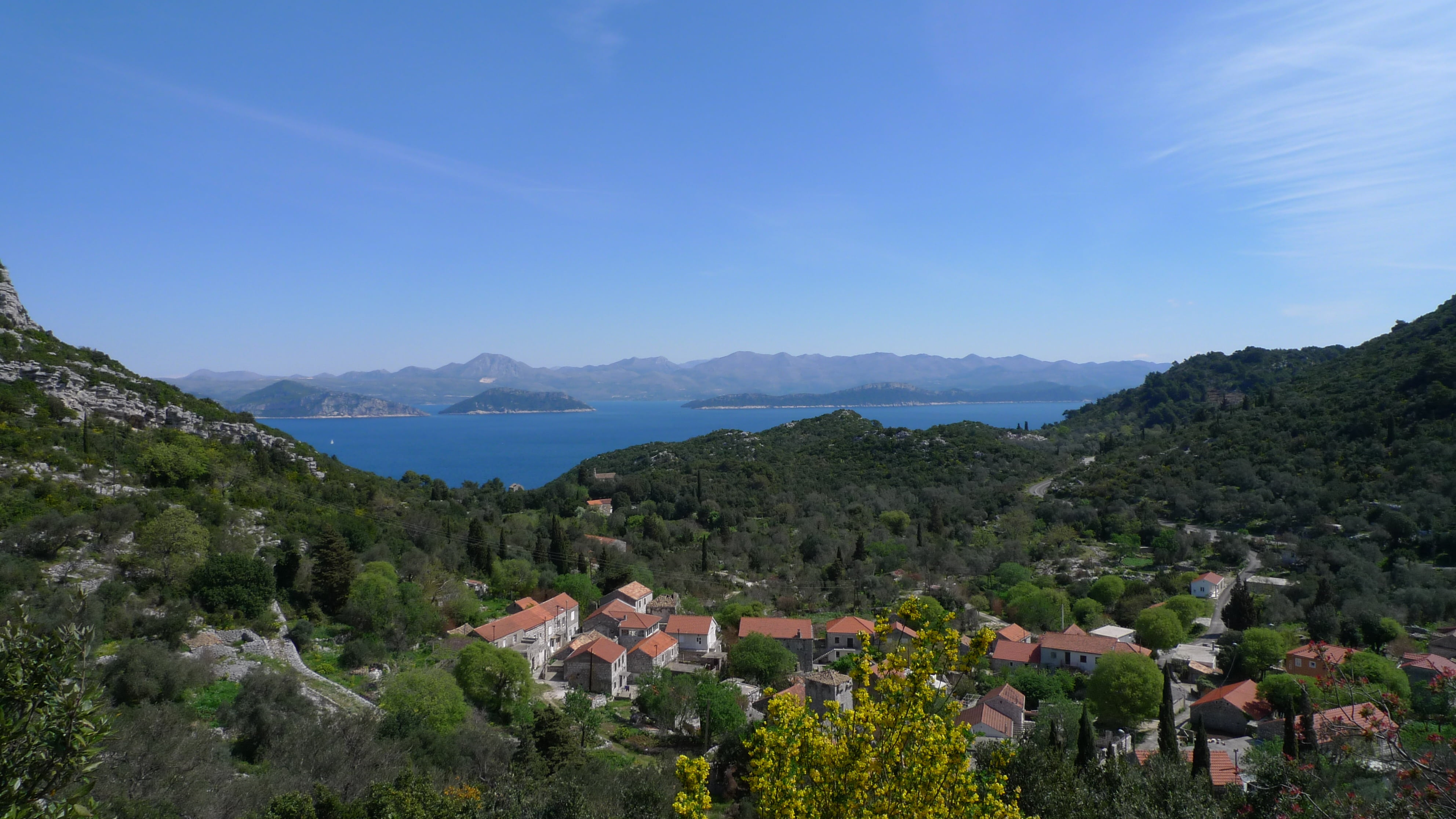 residential district, croatia, community, stone, island, sea, mountain, nature, coast, europe, blue, rural scene, mediterranean, mountain range, panorama, HD Wallpaper