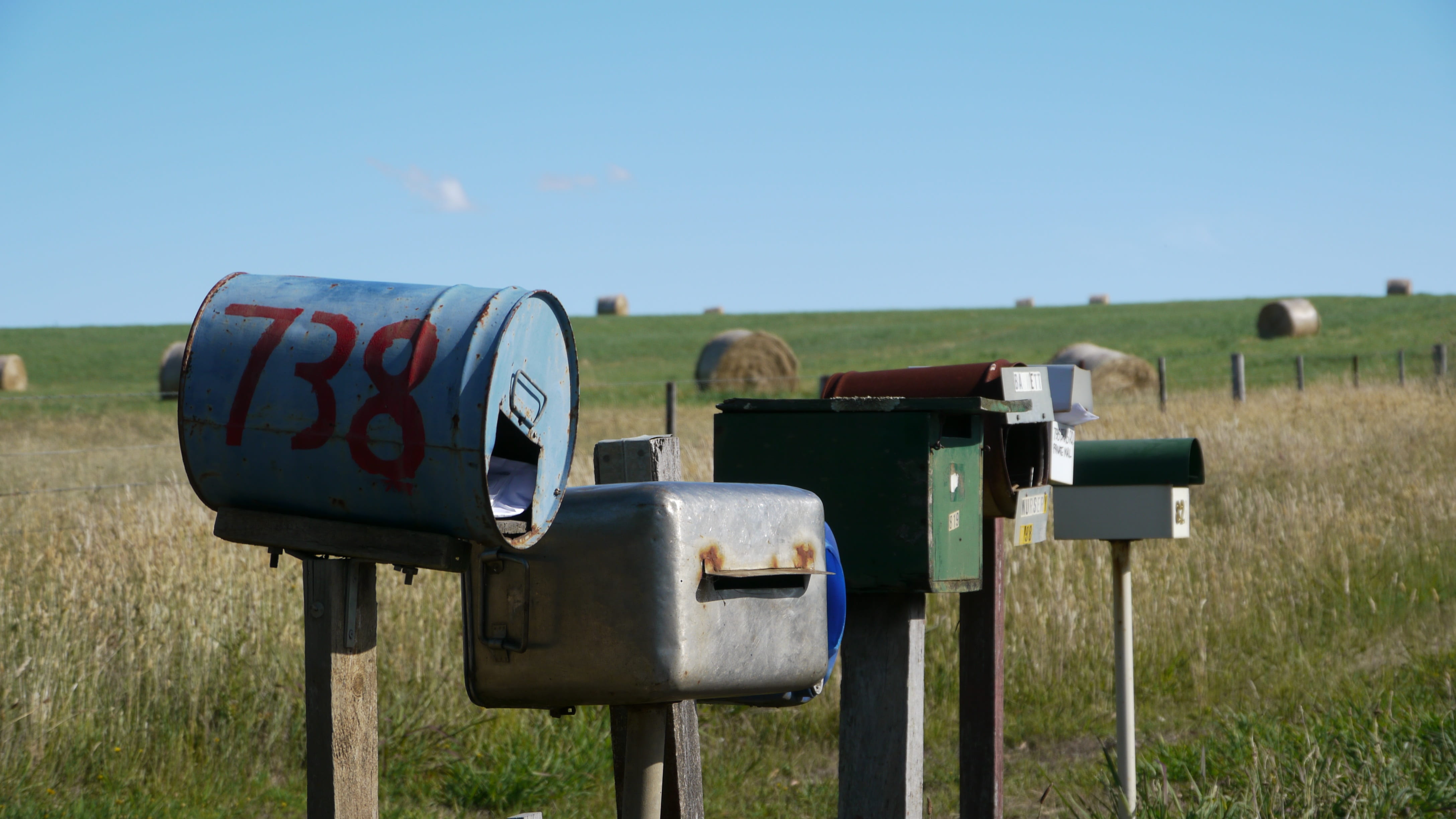 landscape, public mailbox, rural scene, five, land, clear sky, wasteland, letter, sky, grass, mailboxes, 4K, field, nature, correspondence, metal, color, HD Wallpaper