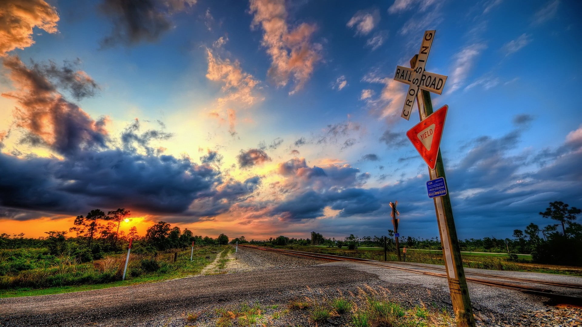 sunny, environment, wood - material, landscape, cloud - sky, crossing sign, spring, road, cloudy, plant, day, sign, flag, freedom, tree, direction, travel, HD Wallpaper