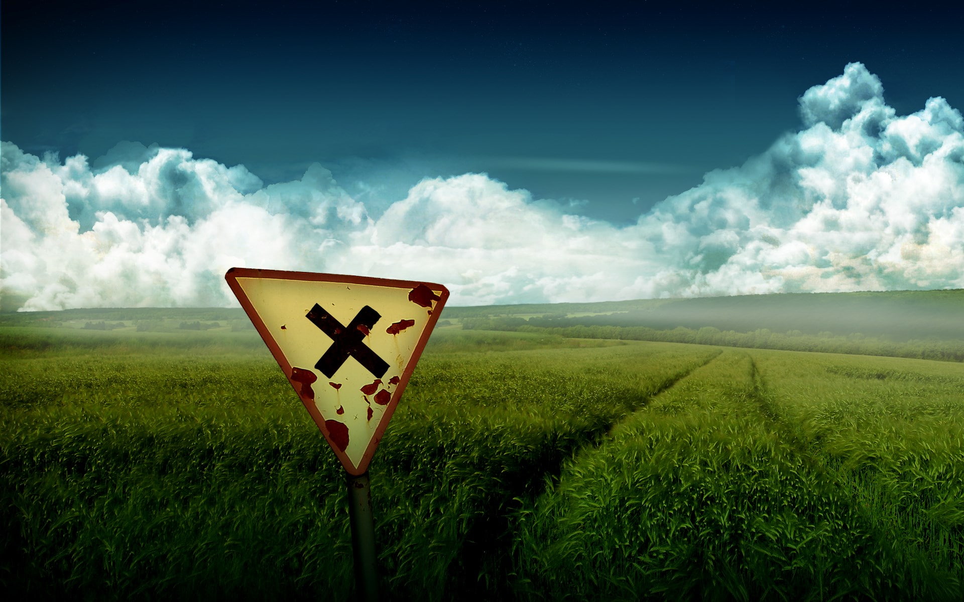warning symbol, 1080P, plant, communication, sign, guidance, landscape, cloud - sky, symbol, nature, representation, crossing sign, no people, field, warning sign, HD Wallpaper