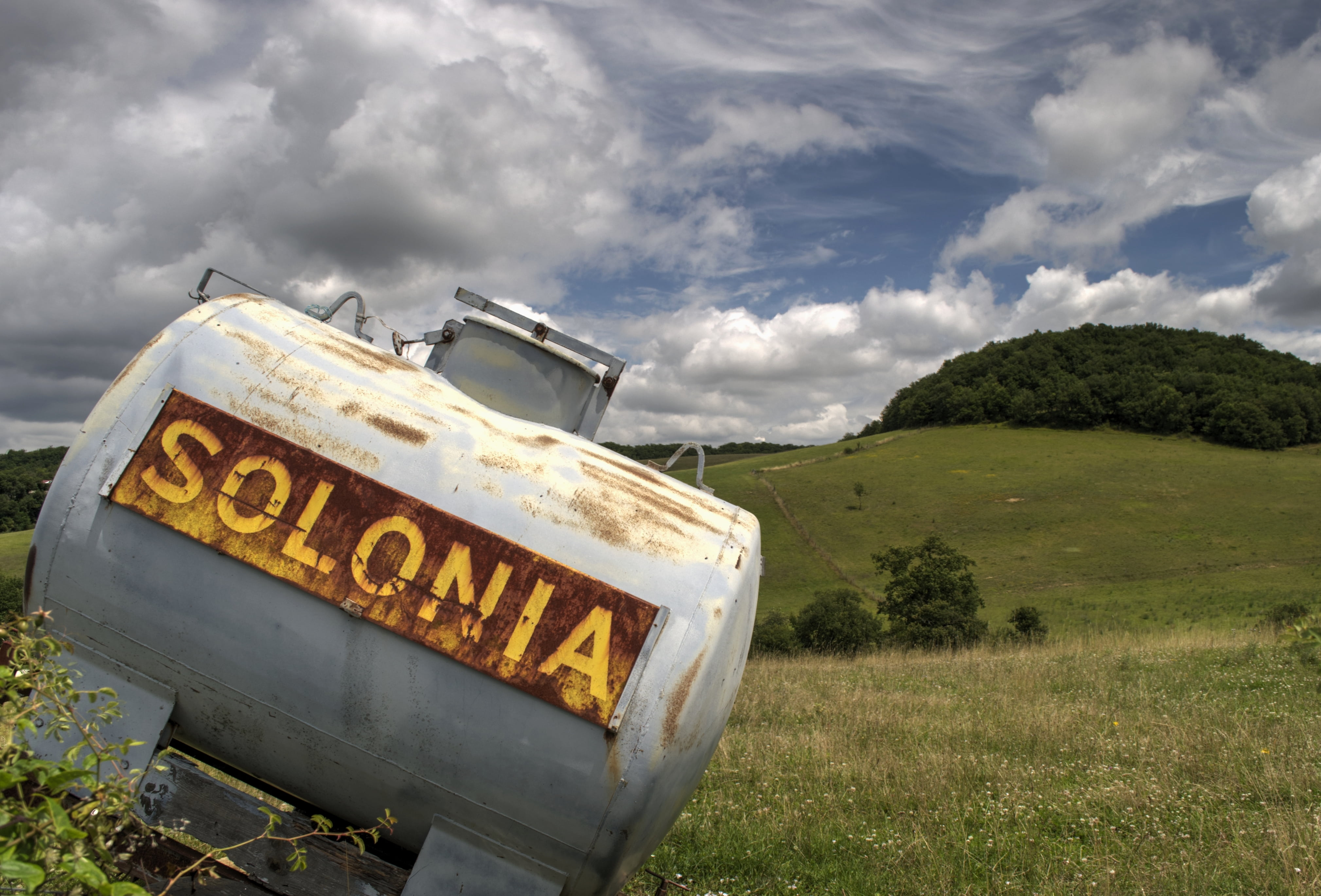 green, damaged, day, transportation, field, rural, gray, landscape, sky, country, communication, nature, outdoors, fields, container, clouds, 4K, tank, HD Wallpaper