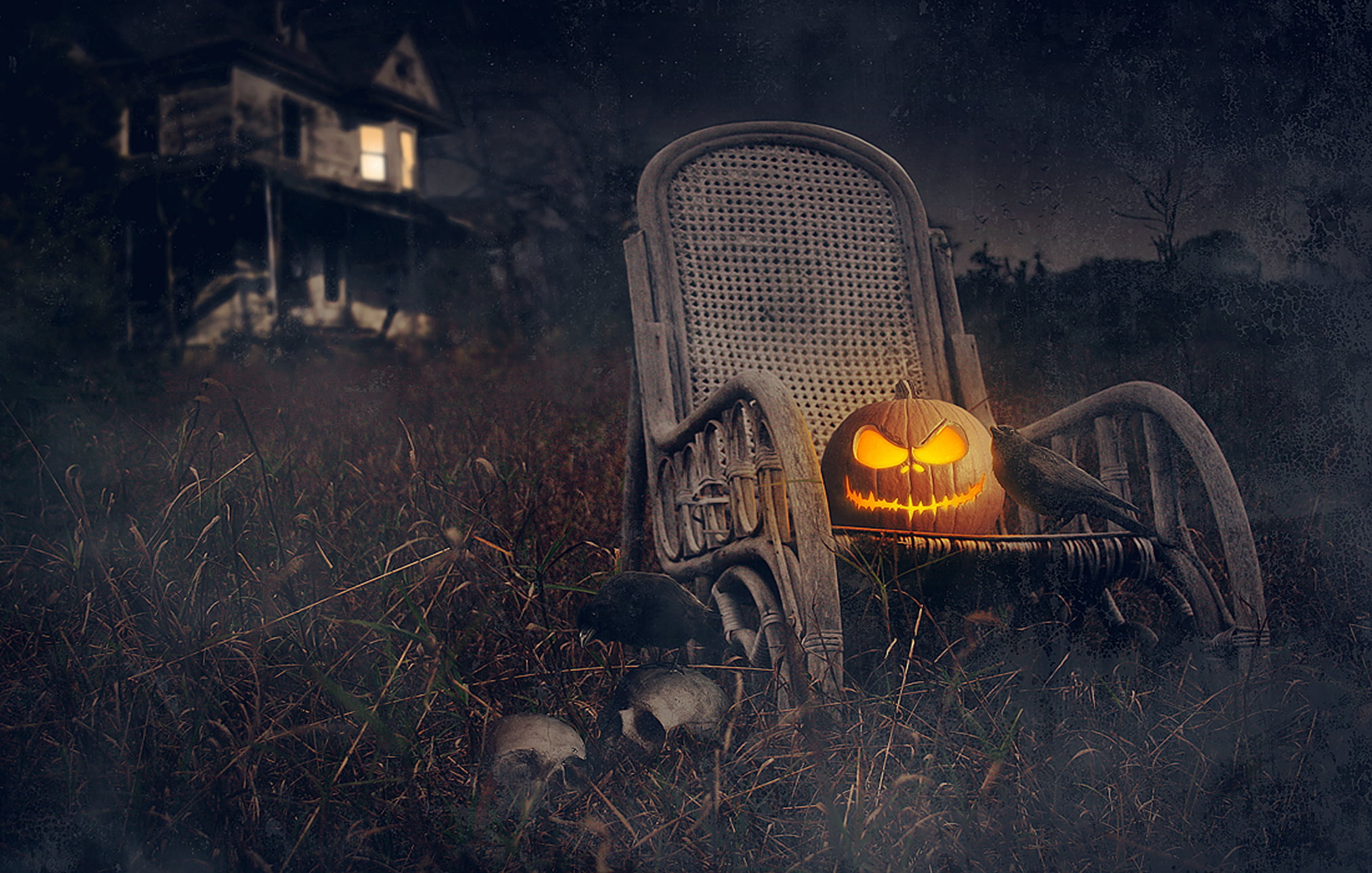 rooks, wood - Material, abandoned, plant, illuminated, nature, ghost, building exterior, Halloween, chair, house, holiday, tree, october, 1080P, dusk, HD Wallpaper