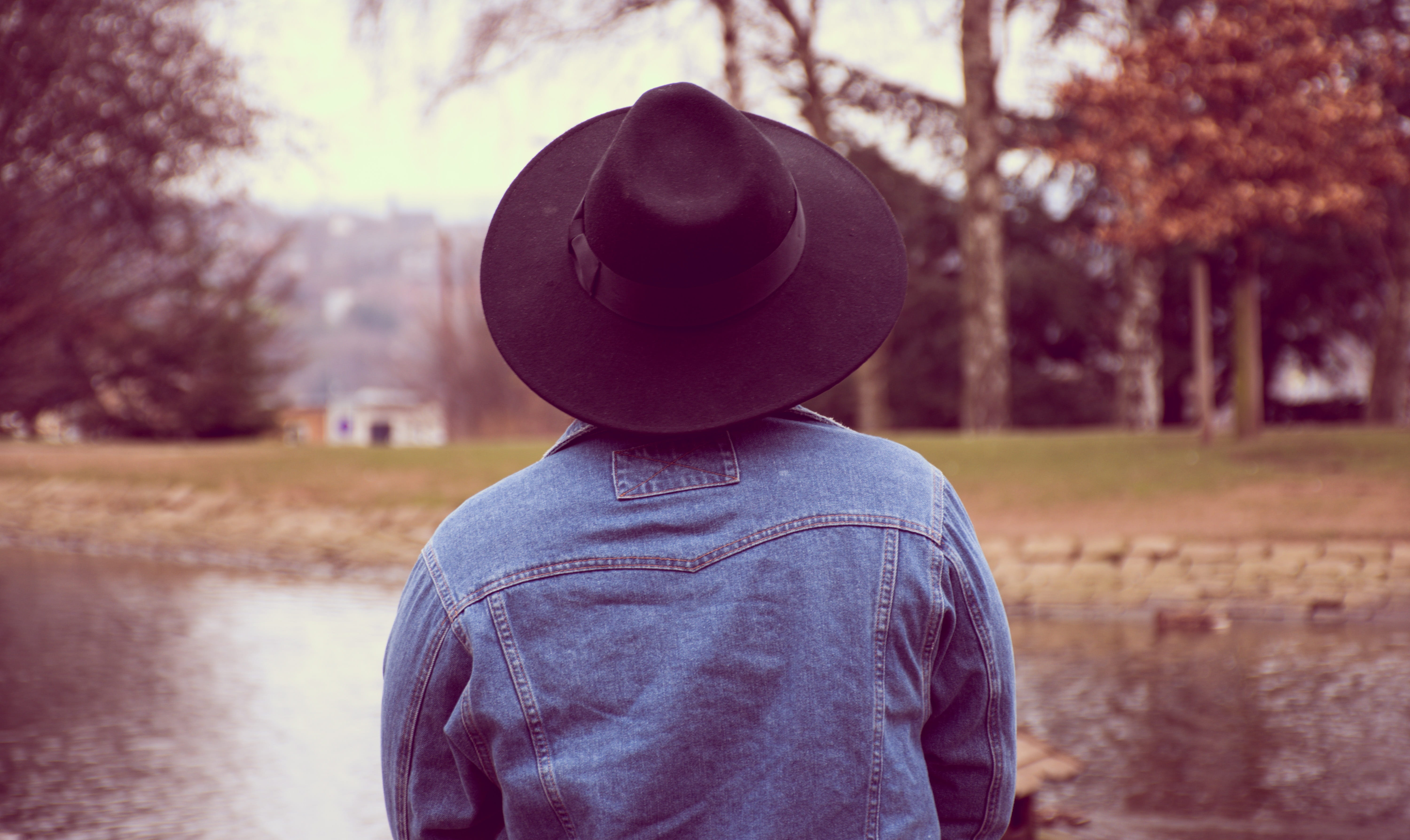 jacket, clothing, hat, denim, people, child, vintage, water, wearing, waist up, lifestyle, real people, man, trees, lid, rear view, person, fun, love, focus on foreground, HD Wallpaper