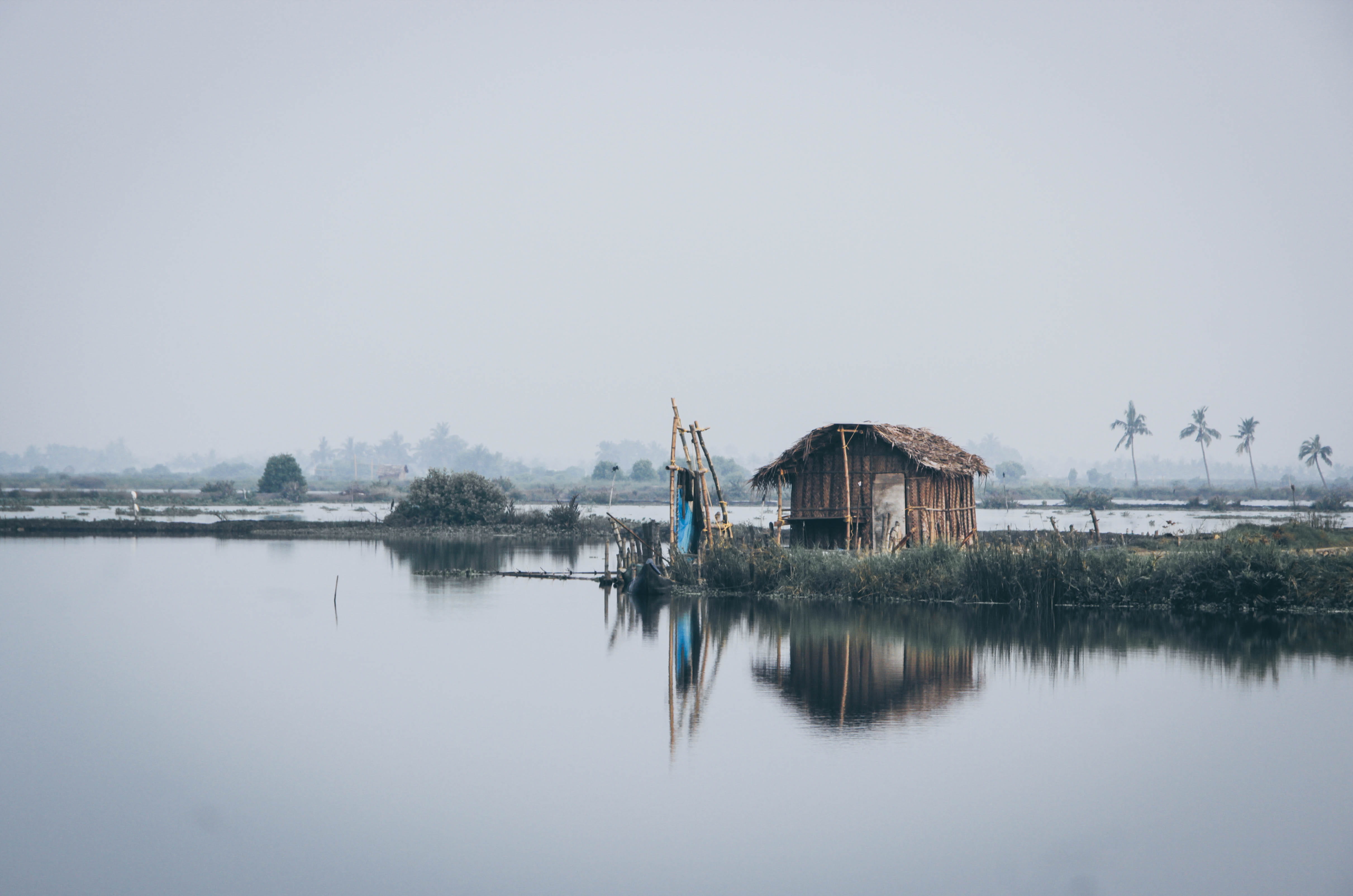 waterfront, tranquility, trees, body, shack, cabin, outdoors, palm, brown, water, built structure, reflection, clear sky, distant, beauty in nature, shed, HD Wallpaper