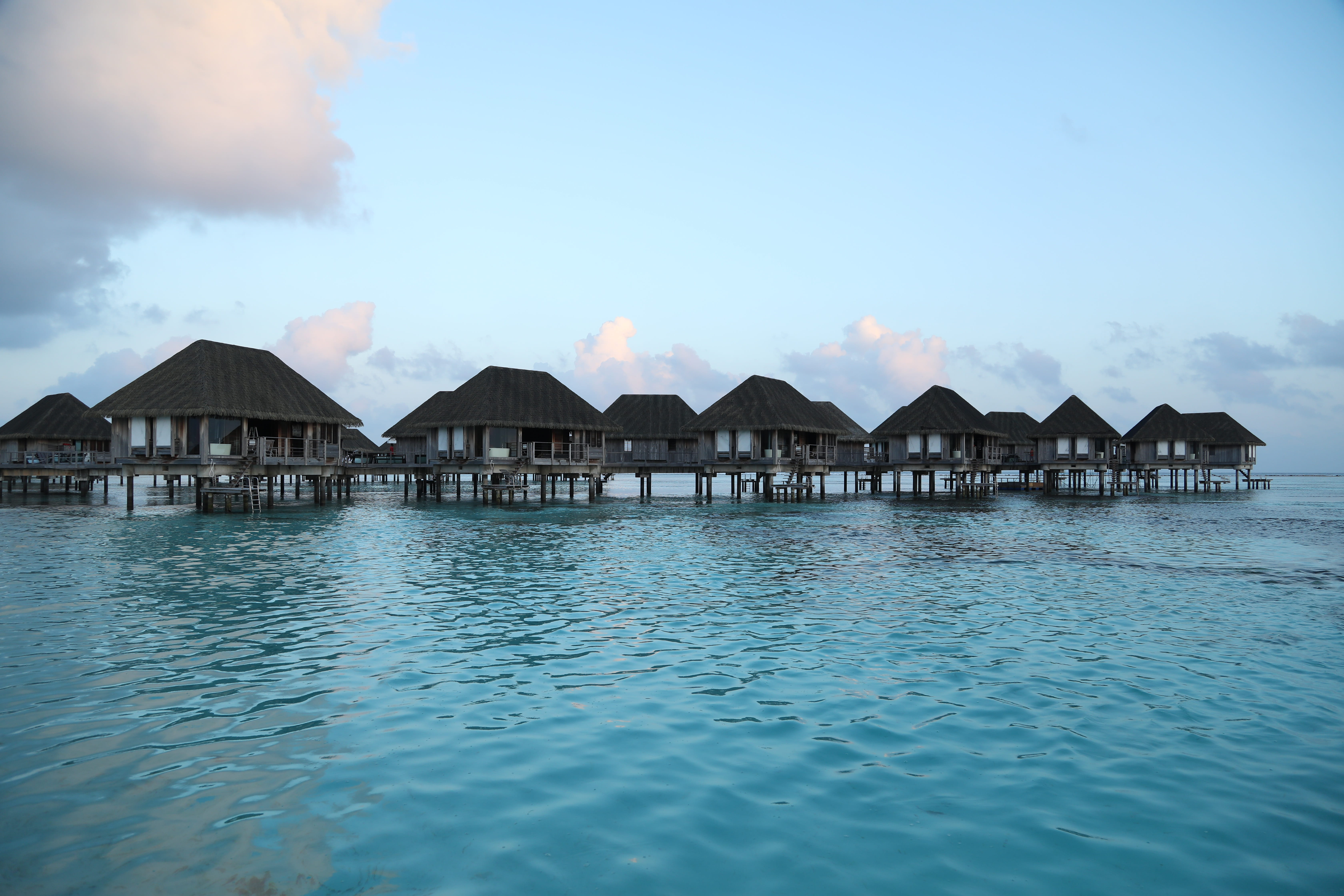 body, thatched roof, blue, summer, resort, tranquility, hotel, built structure, shed, no people, architecture, 5K, sky, gray, mountain, house, tropical, HD Wallpaper