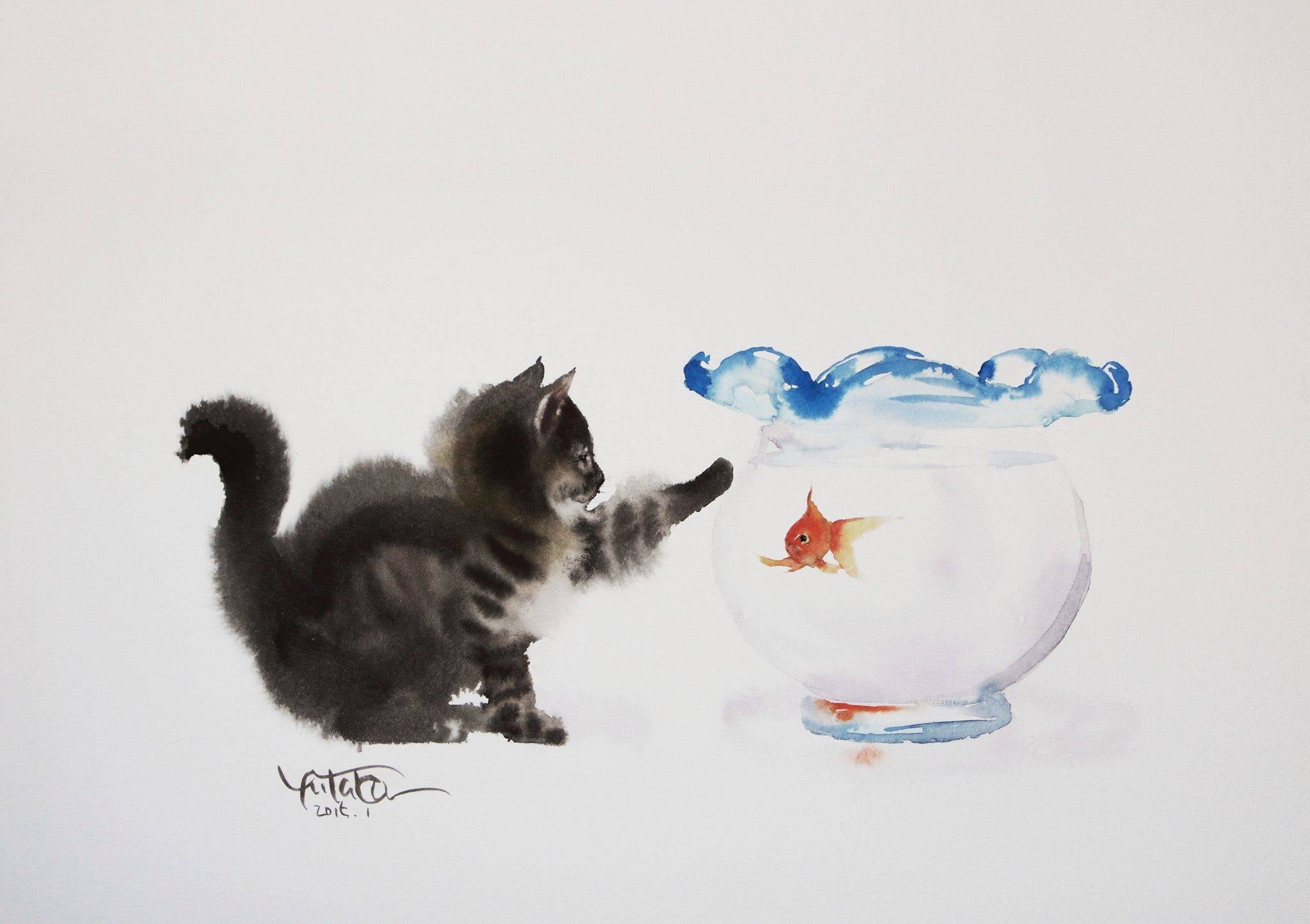 Tabelkami Win In Mura, aquarium, painting, Yutaka Murakami, goldfish, picture, 1080P, kitty, figure, watercolor, HD Wallpaper