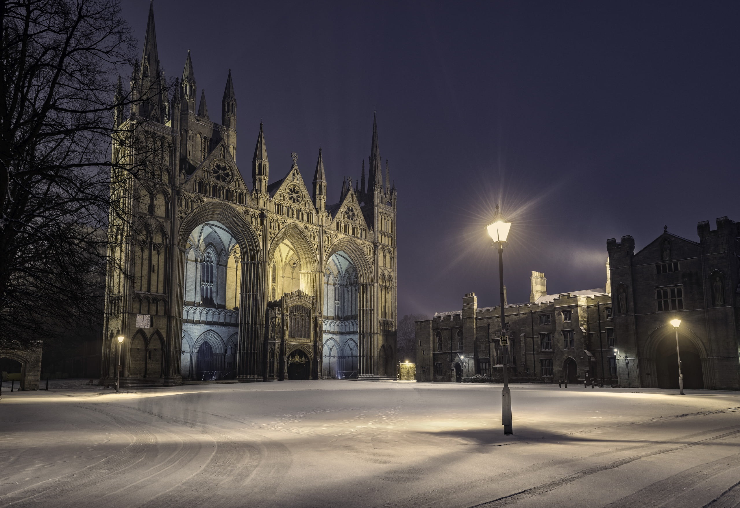 spirituality, architecture, no people, Peterborough, illuminated, snow, travel destinations, snowing, built structure, belief, outdoors, place of worship, HD Wallpaper
