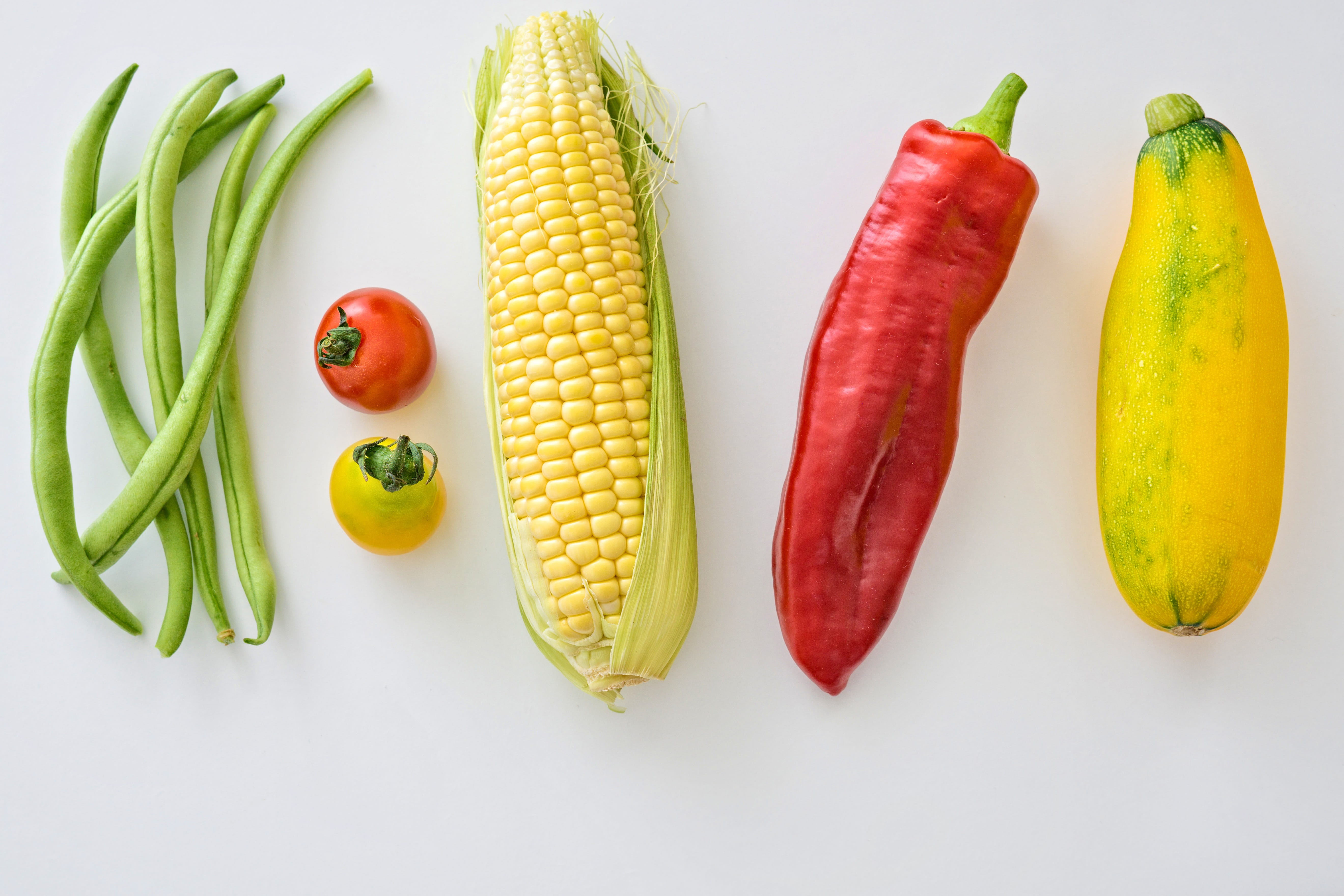 ripe, multi colored, vegetable, wellbeing, still life, food and drink, choice, yellow, studio shot, vegetables, white background, food, freshness, close-up, HD Wallpaper