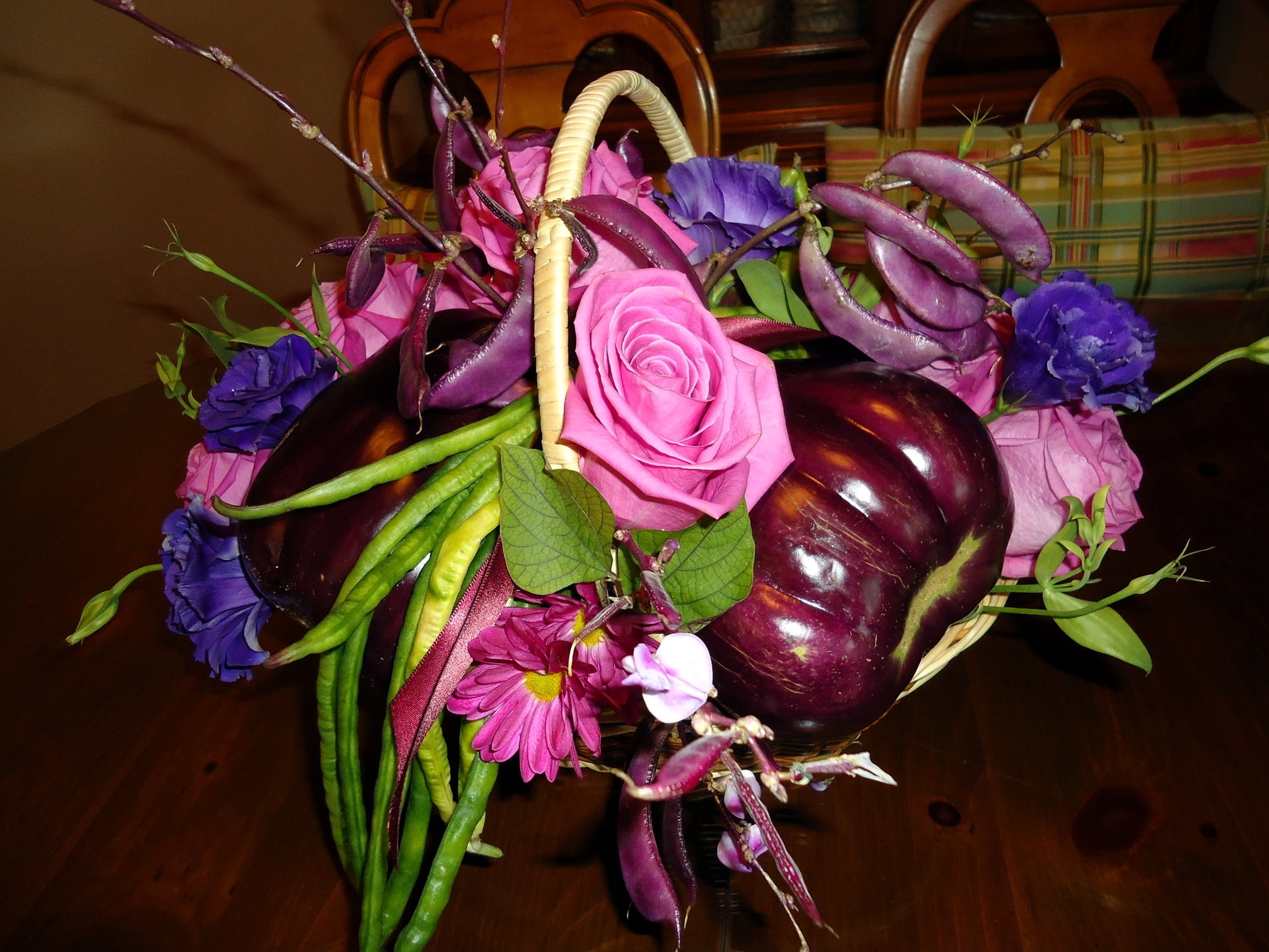 vegetable, multi Colored, basket, beans, food, petal, fragility, flowers, 1080P, pink, bouquet, healthy eating, leaf, beauty in nature, decoration, plant part, HD Wallpaper