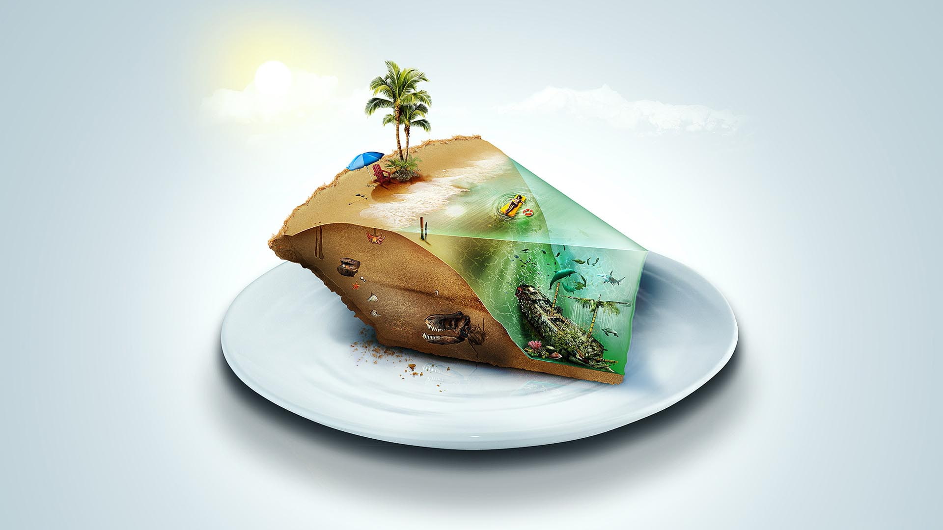 beach, slice, cake, theme, little, little slice of paradise, 1080P, paradise, hd, underwater, HD Wallpaper