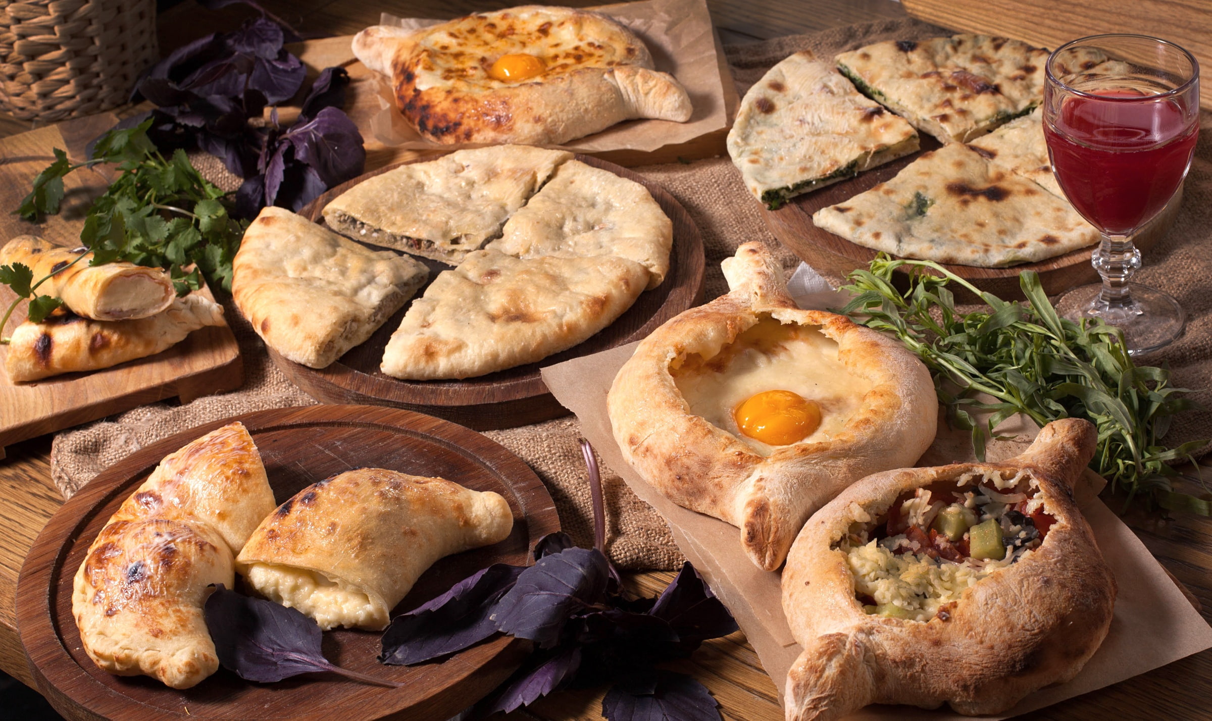 Basil, vegetables, filling, cuts, pita, 1080P, wine, Georgian cuisine, egg, khachapuri, HD Wallpaper