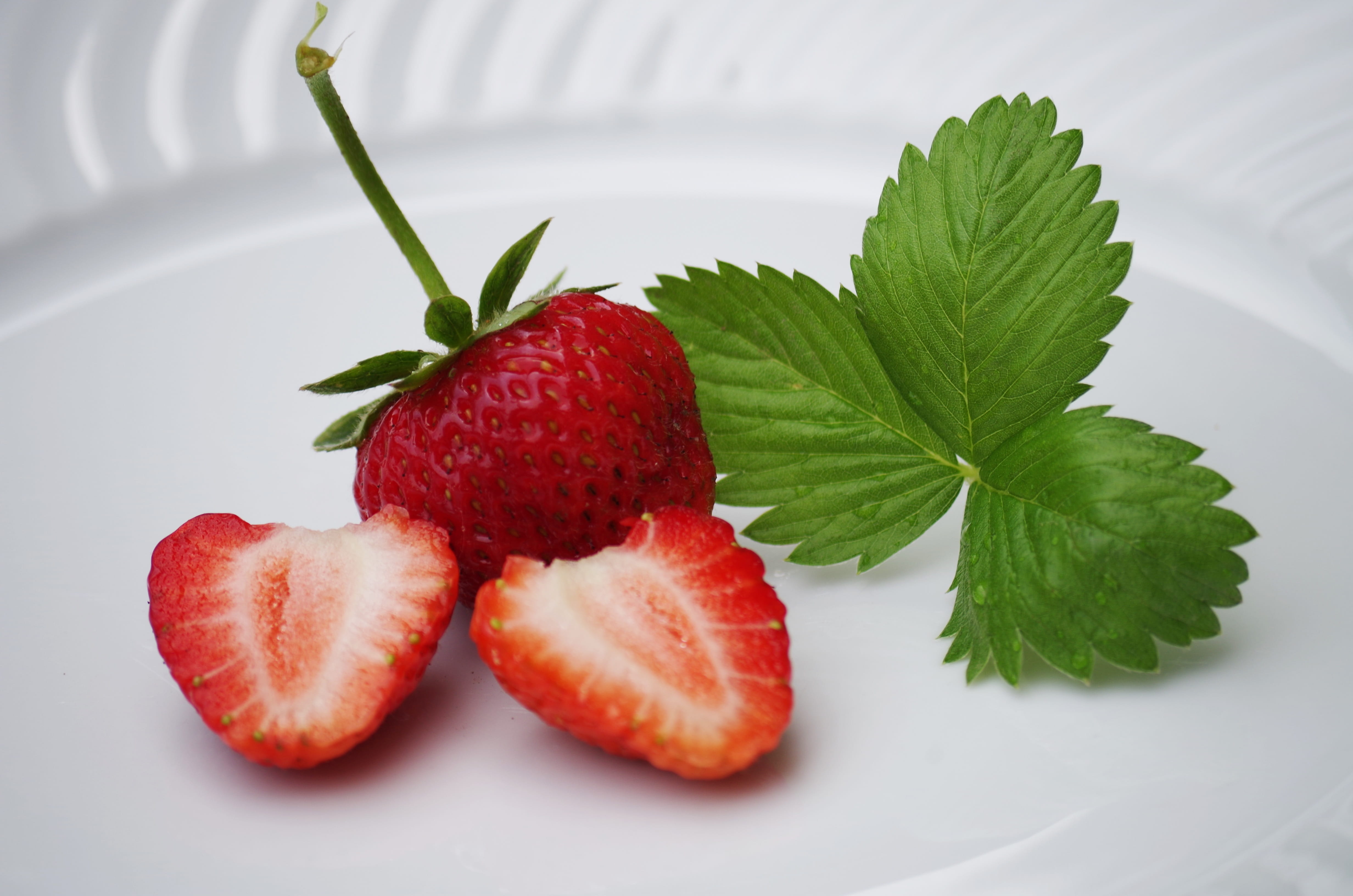 strawberry, leaf, dessert, berry Fruit, nature, indoors, food And Drink, strawberries, health, close-up, food, macro, still life, green color, 4K, mint Leaf - Culinary, HD Wallpaper